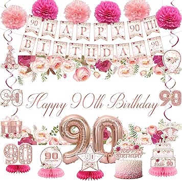 Vlipoeasn Flower 90th Birthday Decorations for Women, Rose Gold 90th Birthday Backdrop Banner, Cake Topper, Honeycomb, Hanging Swirl for Party, Cheers to 90 Years Old Party Supplies