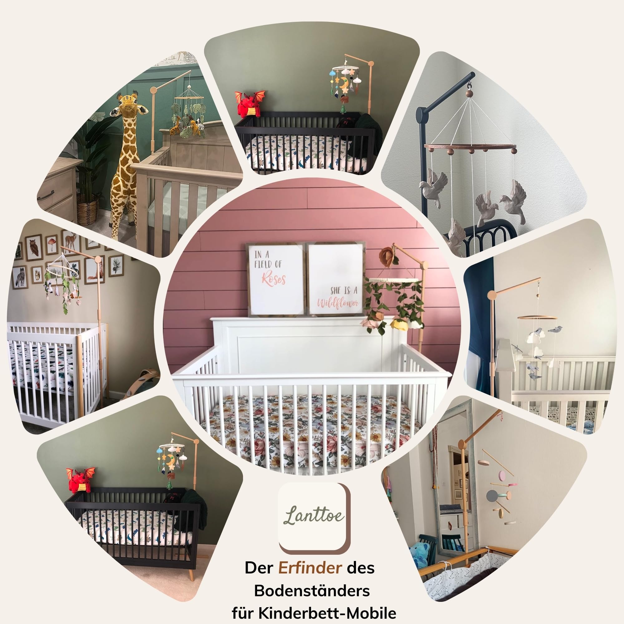 Bodenstehend Baby Mobile Halterung für Babybett Kinderbett-100% Buche-Beweglich mobile halterung wickeltisch Laufstall Wiege-Verdicken Holzstange-Sturz Verhindern Design-61 Inches (Basic)