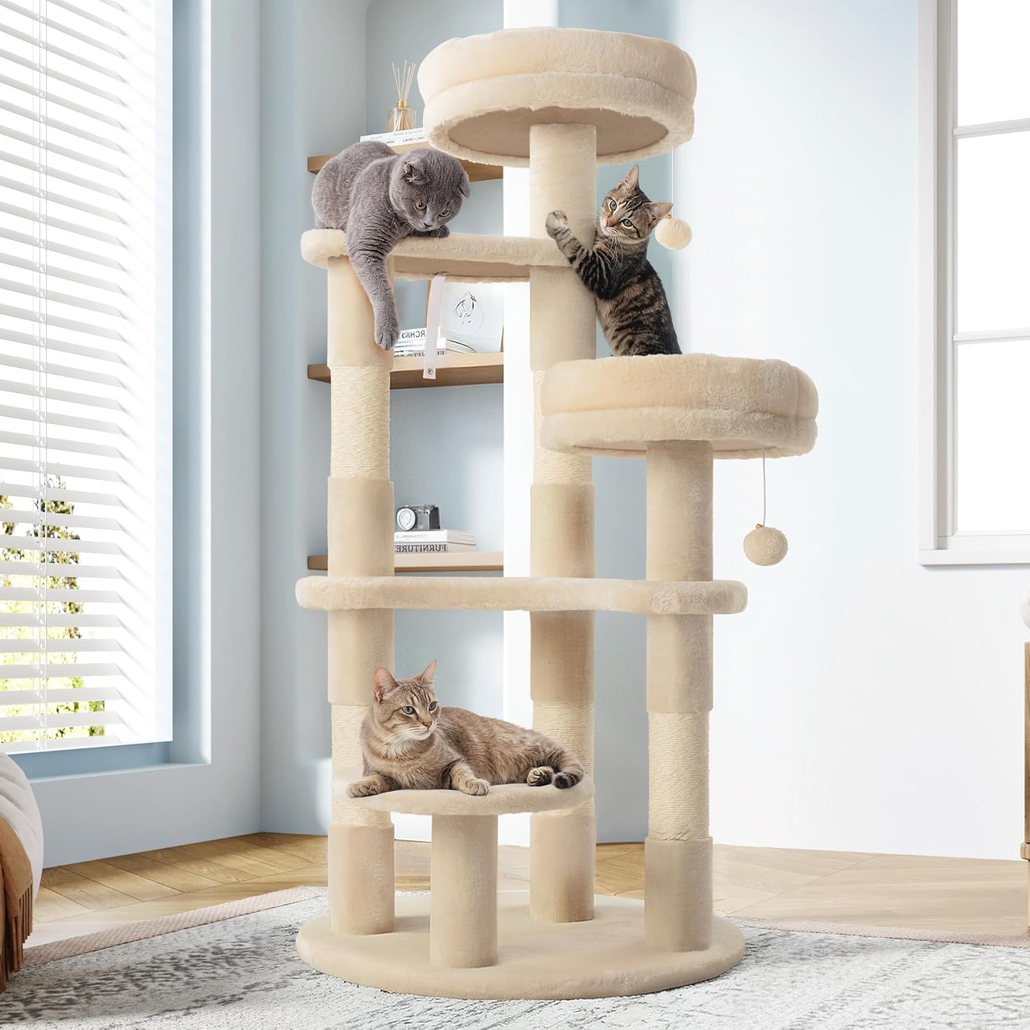 Allewie 55.5 in Cat Tree for Indoor Kitties/Soft Plush Perches/Multi-Level Cat Tower/Sisal Scratching Posts/Crescent Plates/Round Jumping Board/Hanging Ball/Pet Activity Center/Beige
