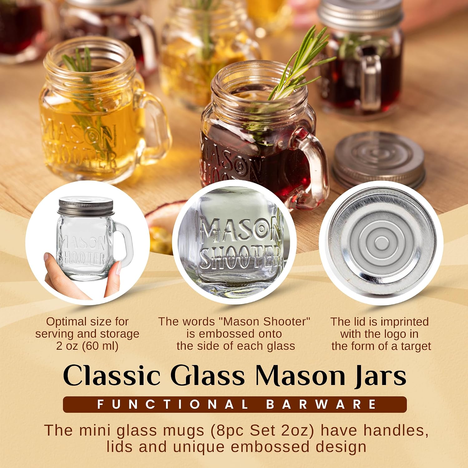 2oz Small Mason Jar Shot Glasses with Lids & Handles (8 Pack) Mason Shooter