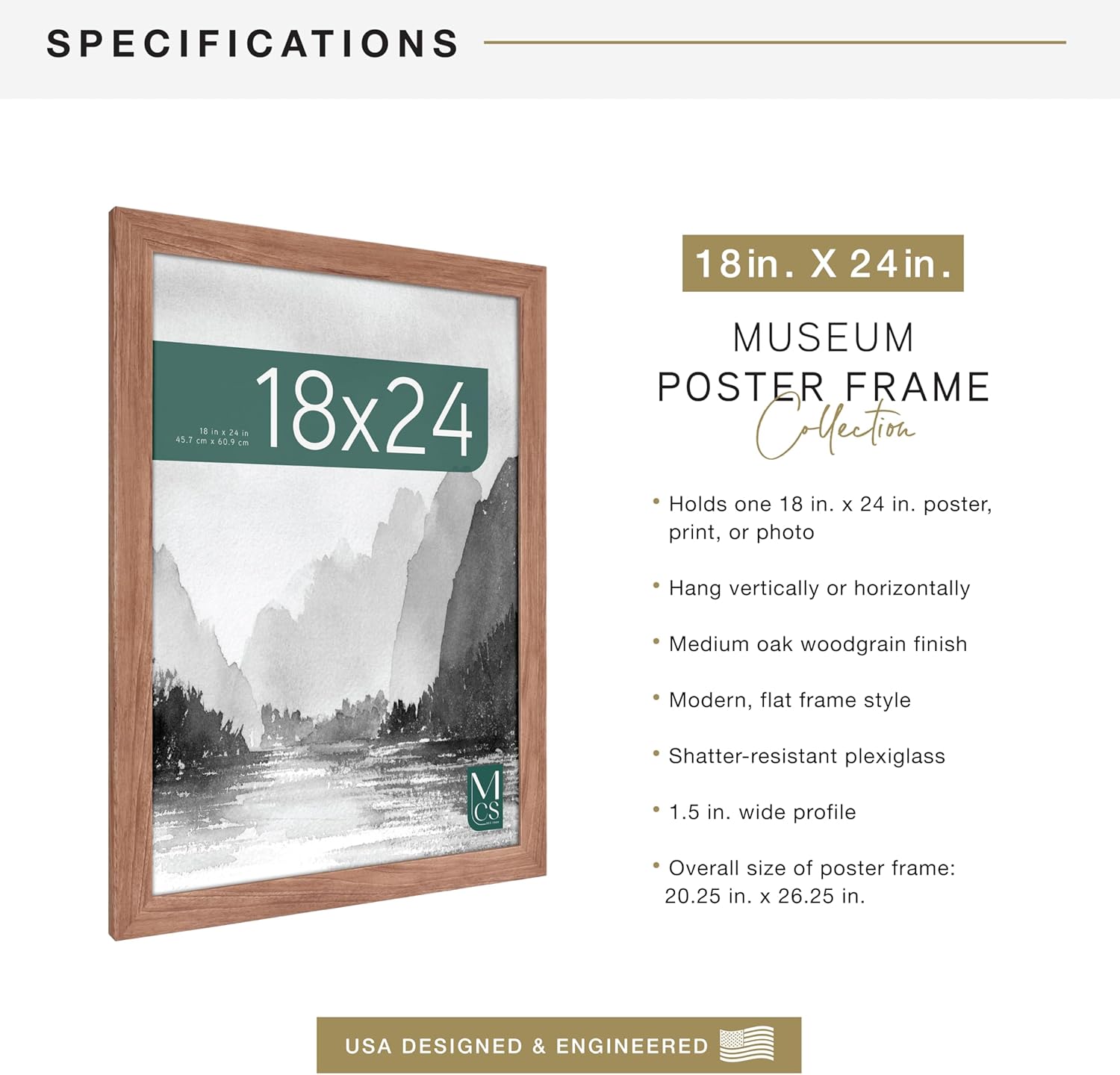 MCS Museum Poster Frame 18x24 Medium Oak Woodgrain, Vertical & Horizontal Wall Hanging Large Picture Frame for Photos, Posters & Art Prints (1-Pack)
