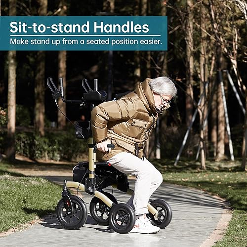 Miniatura 5 de ELENKER Andador con ruedas todo terreno vertical, Andador con asiento para pararse y rodar, ruedas de 12 no neumáticas, diseño plegable compacto