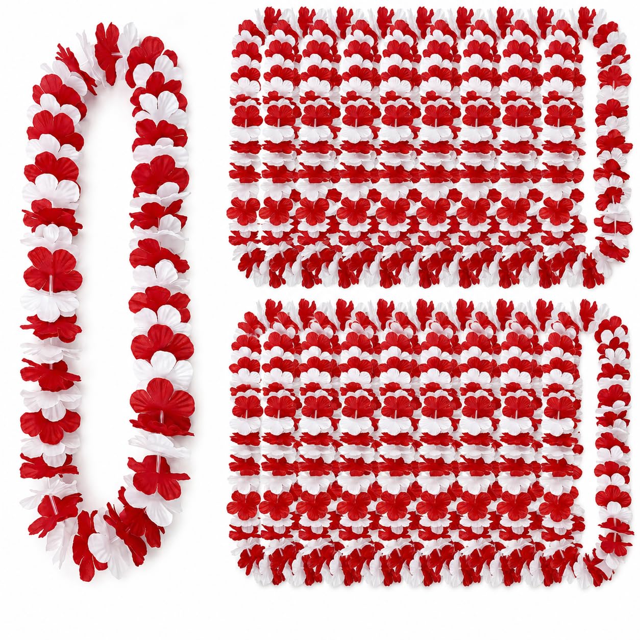 24Counts Hawaiian Leis Bulk Floral Women Party Costume Accessories (Red and White)