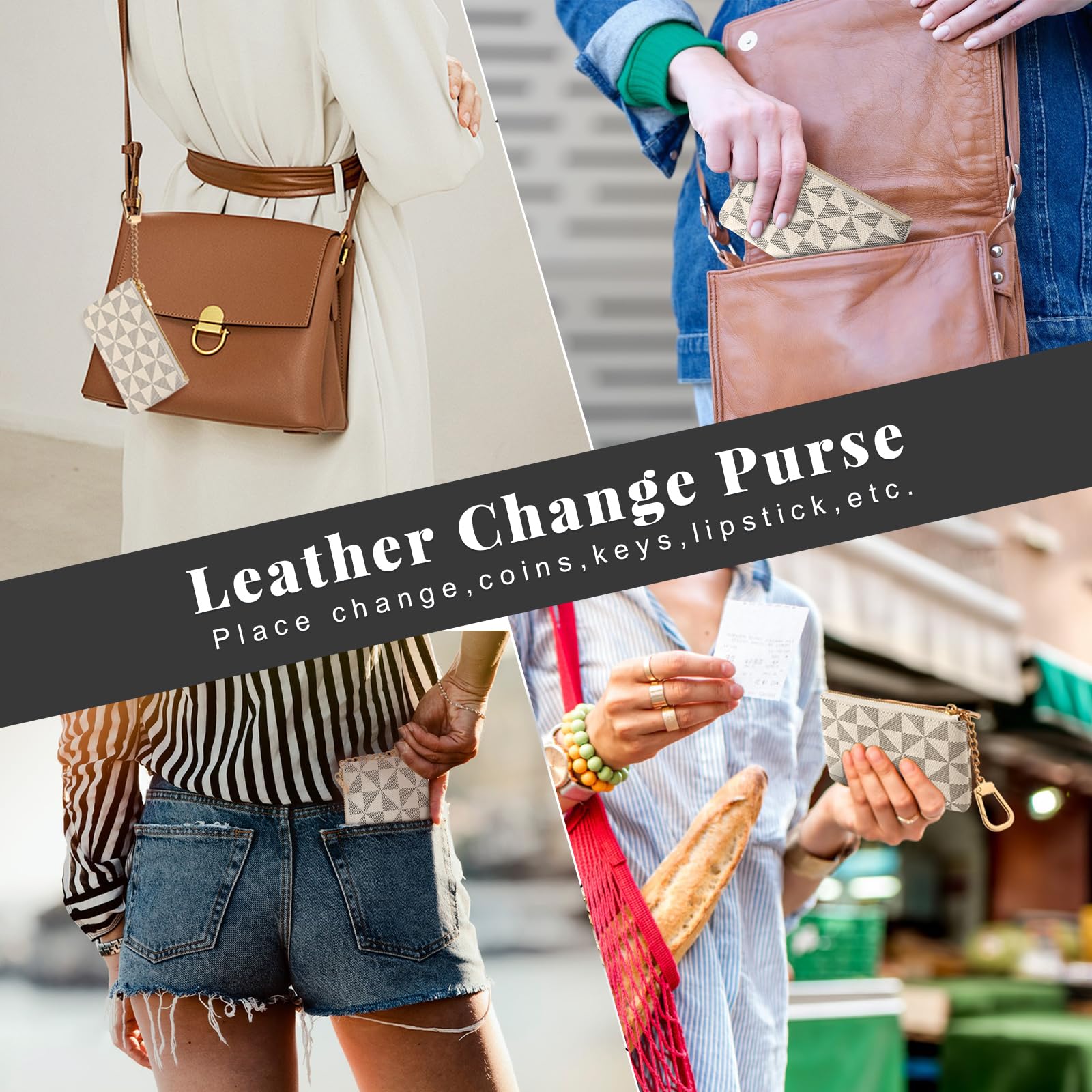 Portamonete in pelle da donna con portachiavi, piccola cerniera, portamonete, porta carte, pochette per donne e uomini, bianco, Portamonete in pelle con cerniera