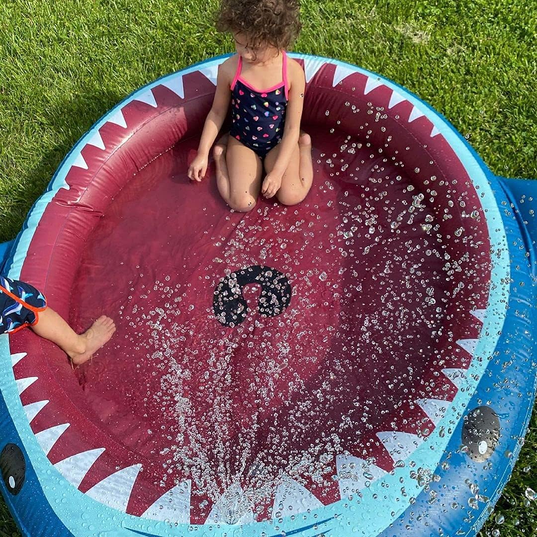 Jasonwell Foldable Dog Pool Inflatable Kiddie Pool Sprinkler: Shark Splash Pad for Kids Toddlers