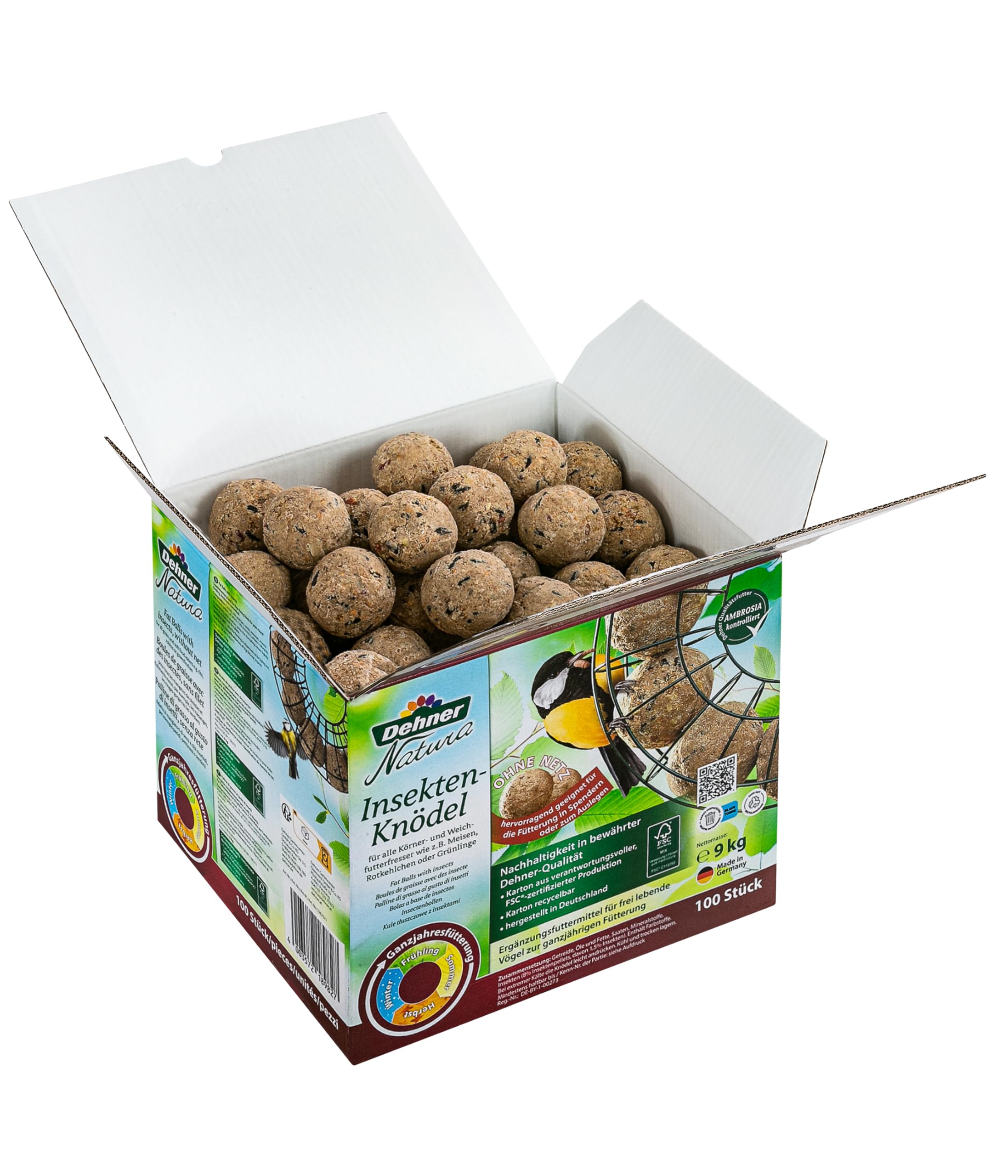 Dehner Natura Premium albóndigas de Grasa sin Red, de Insectos, ricas en proteínas y energía, para Aves Silvestres Todo el año, 100 Piezas de 90g (9kg), Caja certificada FSC