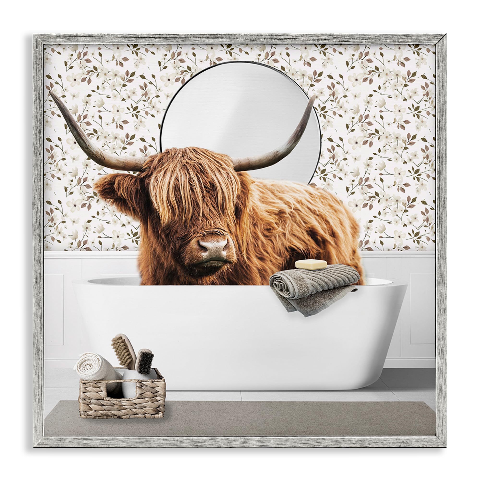 Stupell Industries 'Boho Cattle Bath Time', Framed Giclee Art, Gray, 24 x 24 Inches, Easy to Hang and Sturdy, Made in USA, by CAD Designs
