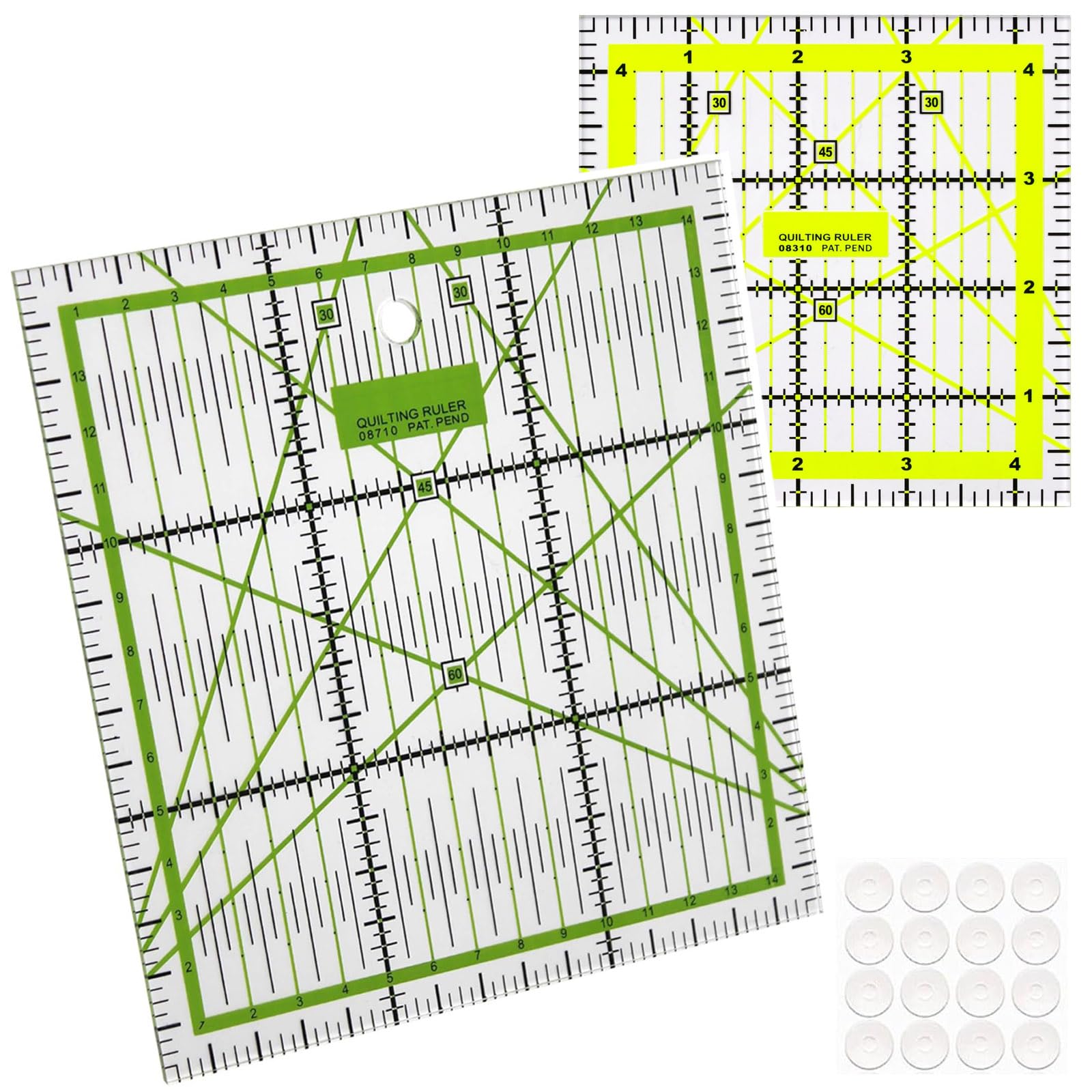 Righelli per trapuntatura (11,4 x 12,7 cm, 15,2 x 15,2 cm), 2 modelli con anelli antiscivolo, righello da taglio per tessuto, righello quadrato in acrilico per una facile precisione e cucito