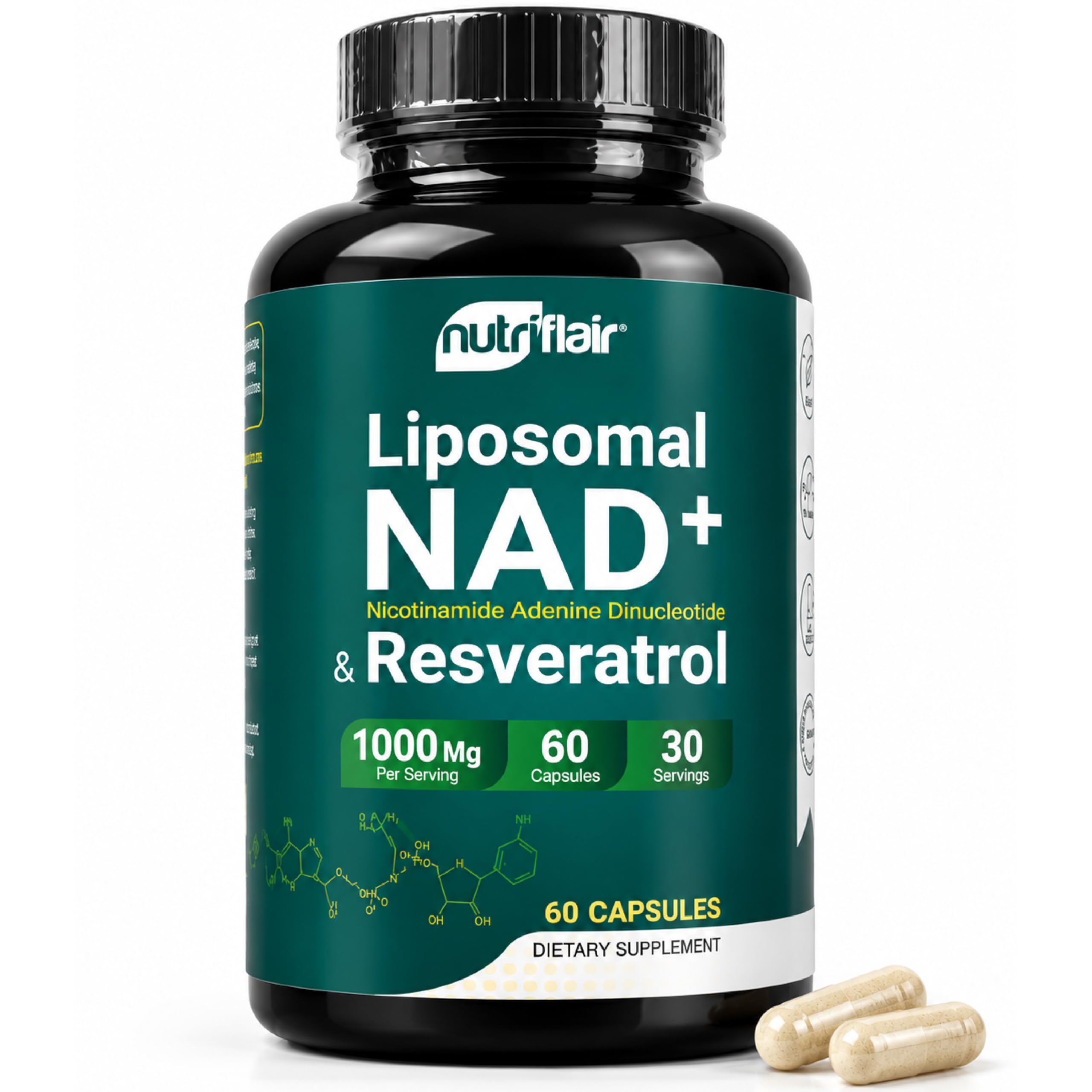 NutriFlair Liposomal NAD+ Supplement with Resveratrol 1000mg per Serving, 60 Capsules – High Absorption, Non-GMO, Made in USA