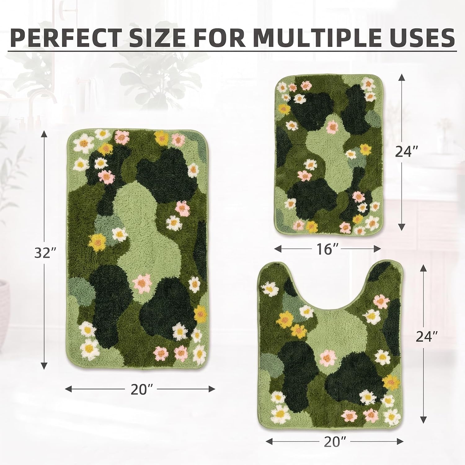 Britimes Bathroom Rug Set of 3, Fluffy Microfiber Non-Slip, Floral Daisy