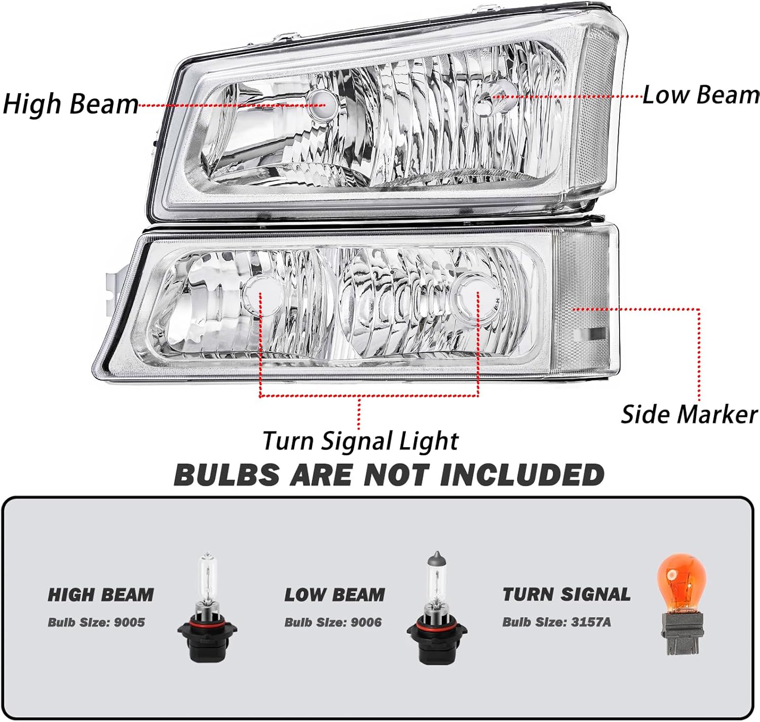 Headlights and Taillights Assembly Combo Kit for 2003-2006 Chevy Silverado 1500 2500 3500 & 2007 Chevy Silverado Classic Replacement Head/OE Factory Style Red Rear Brake Tail Lights Lamps,Chrome Clear