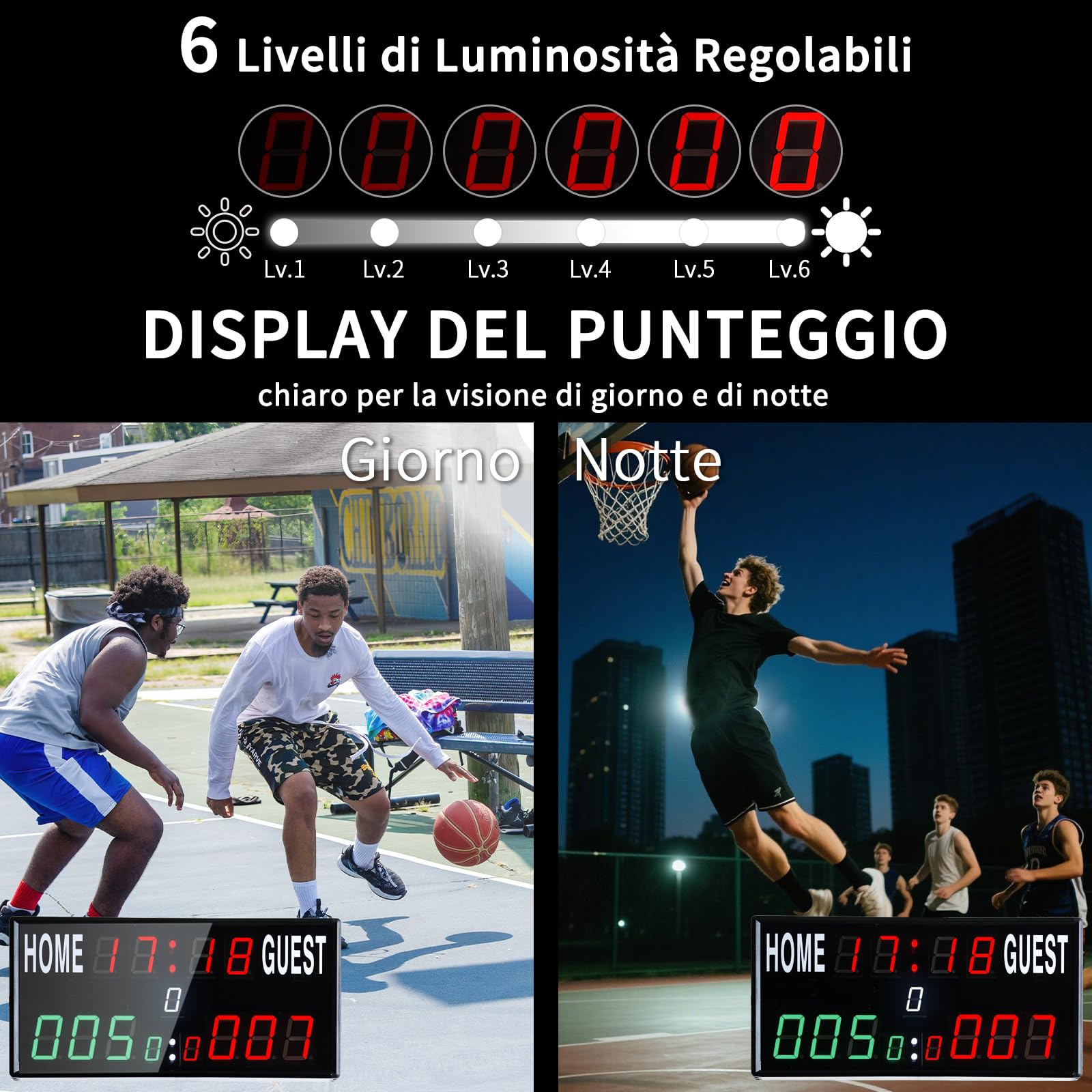 Tabellone Segnapunti Elettronico Portatile, 13 Cifre per Basket con Orologio, Gioco Tennis con Conto alla Rovescia/Crescente, LED Scoreboard per Pallavolo, Cornhole, Badminton