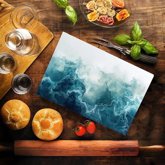 Dark Blue Marble Kitchen Glass Cutting Board Ocean Decorative Gift Marbled Granite Stone Rock Gift For Her Mom Wife (Deep Blue White Marble)