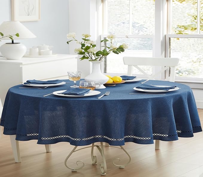 Newbridge Spring & Easter Holiday Fabric Oval Tablecloth, 60 x 84 Inch, Provence Lattice Cutwork Solid Color Textured, Water and Stain Resistant Easy Care Table Cloth for Parties, Denim Blue