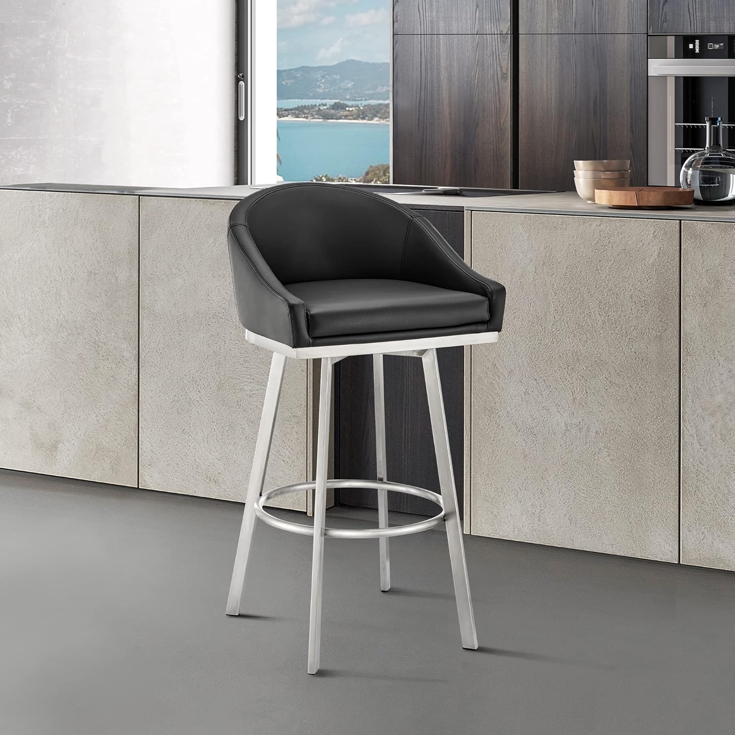 Eleanor Swivel Bar Stool in Brushed Stainless Steel with Black Faux Leather