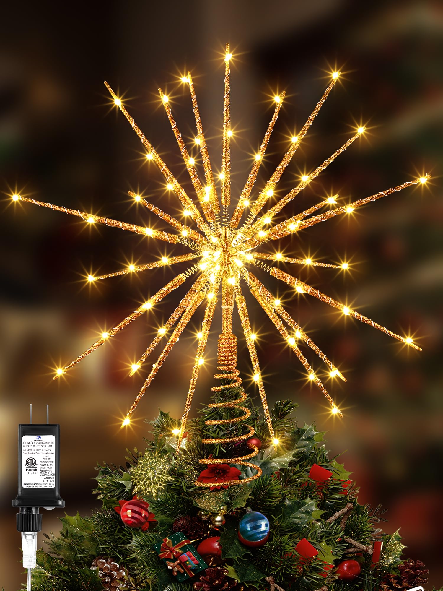 HappyAlley 16 Inch Glittered Christmas Tree Topper 3D Burst with LED Light, 25 of 100 Lights Twinkle, Sparkly Christmas Star Tree Topper with Timing Function for Xmas Trees Decorations(Gold)