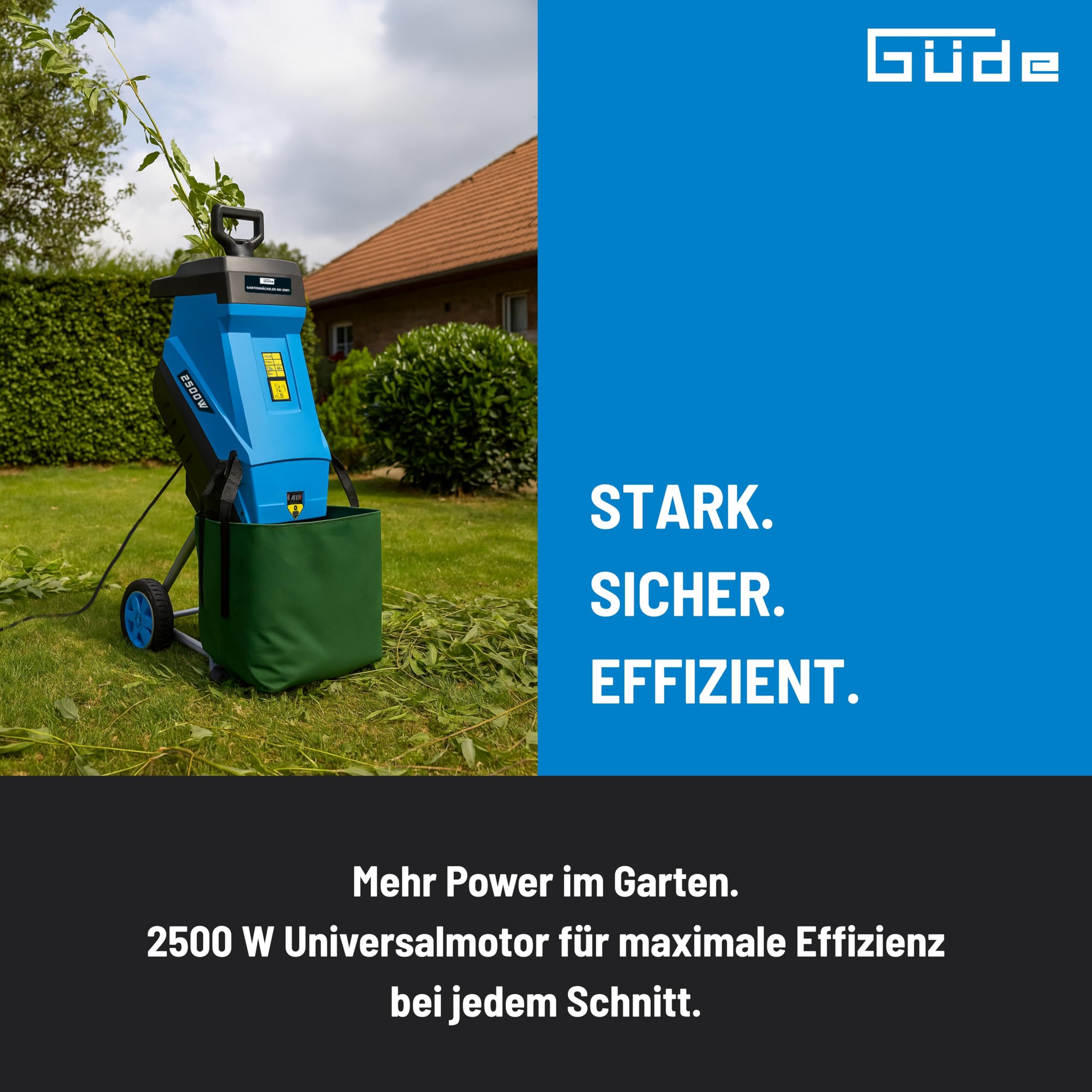 Güde Gartenhäcksler GH 2501 2500 W Messertechnik Selbsteinzug max. Astdicke 45 mm inkl. Fangsack 45 L