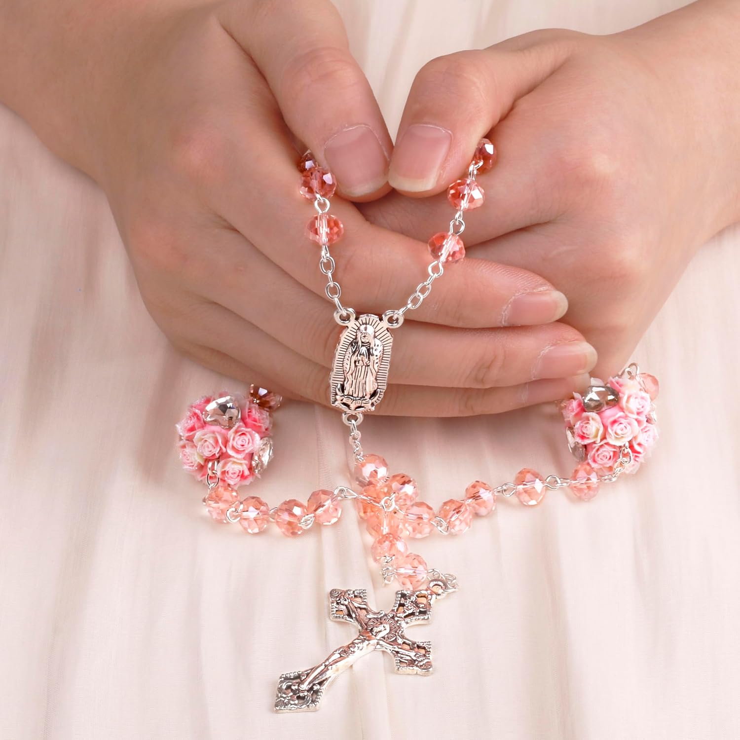 8mm Crystal Beads Guadalupe Catholic Rosary Necklace with Large Rose Glory Beads for Women in Velvet Bag - Image 6