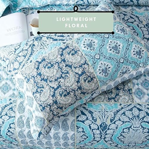 Miniatura 4 de KASENTEX Country-Chic - Fundas de almohada prelavadas estampadas, ropa de cama ligera acolchada con patrón floral, estampado floral azul, tamaño