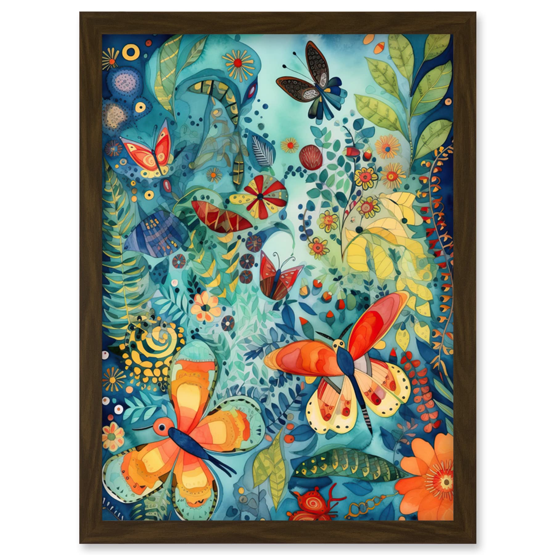 Butterfly Insects Flower Field Folk Art Framed Wall Art Print A4 by Artery8