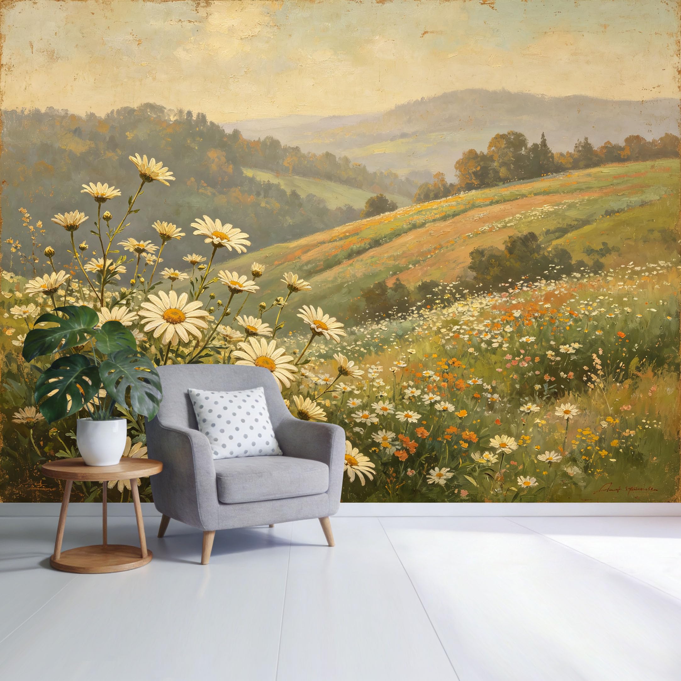 Custom Size Wall Mural Botanical Daisy Meadow Landscape Oil Painting Style SelfAdhesive Wall Fabric Removable Wallpaper for Home Office Decor