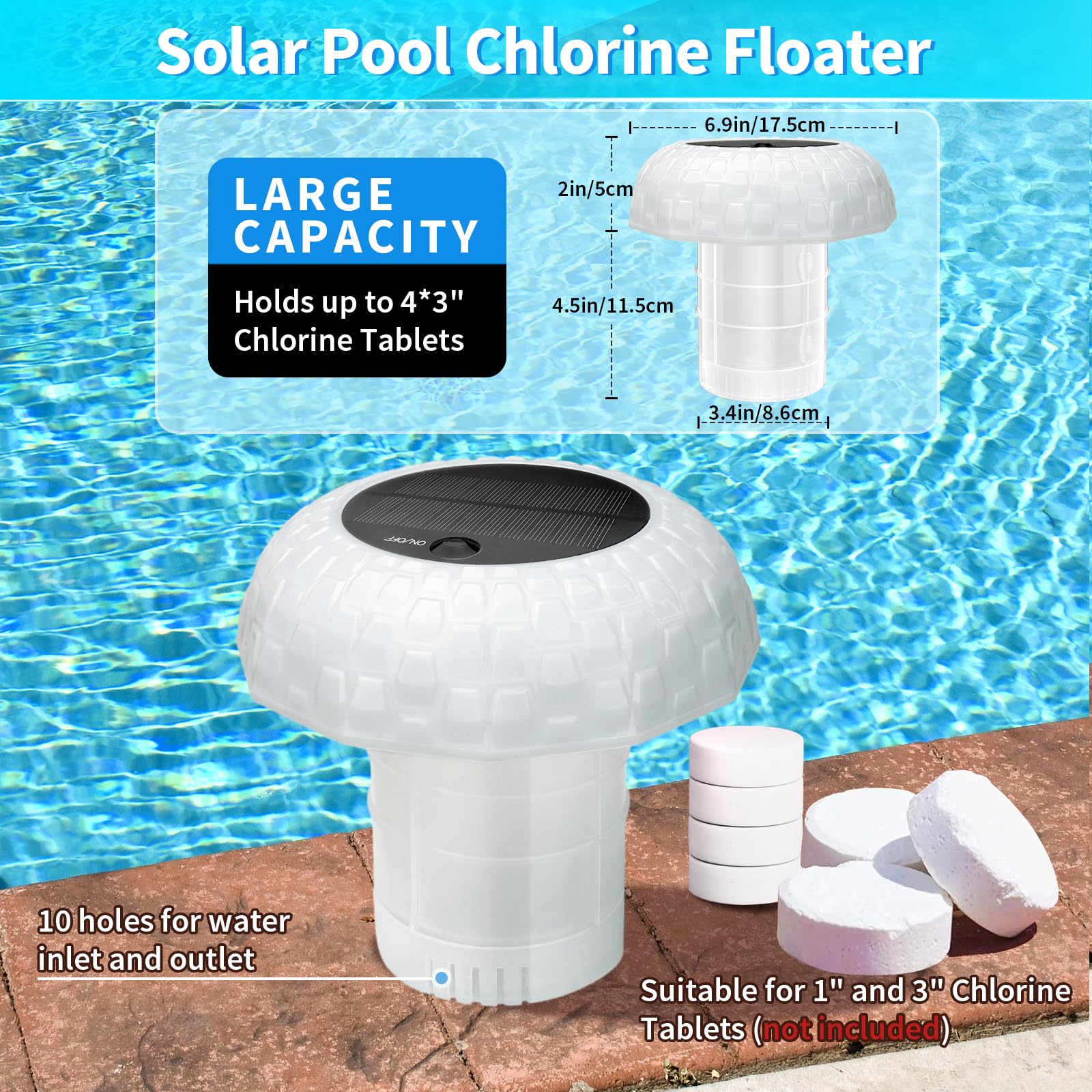 Qoolife Grand doseur Flottant pour jusqu'à 4 pastilles de Chlore - Lumière Solaire LED - 7 Couleurs - Distributeur de Chlore pour Piscine - avec télécommande réglable et Pliable