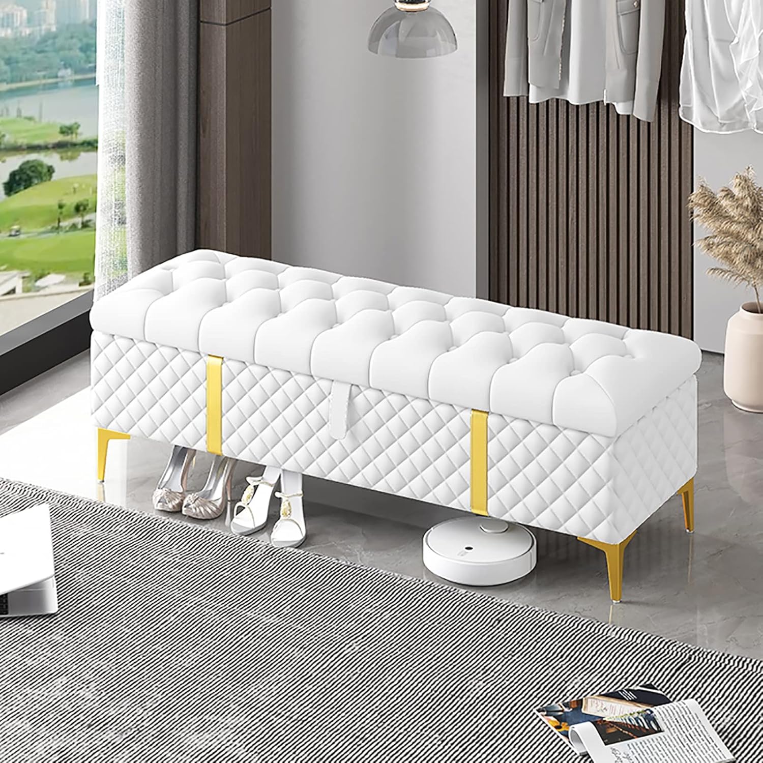 QQXX Luxurious Storage Bench End of Bed Bench,Faux Leather