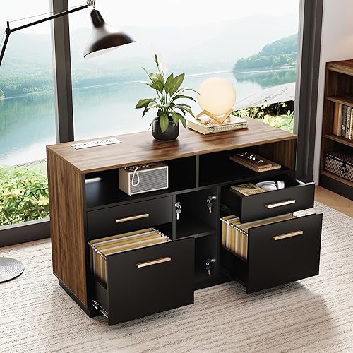 ModernMate 4 Drawer File Cabinet, Wood Filing Cabinet for Home Office with Lock, Power Strip, Storage Shelves, Home Office Lateral File Storage Fits Legal/Letter Size, Black Walnut