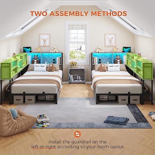 Miniatura 8 de DICTAC Marco de cama esquinero de tamaño individual con cabecera de almacenamiento y luces LED, base de cama esquinera de plataforma de metal de