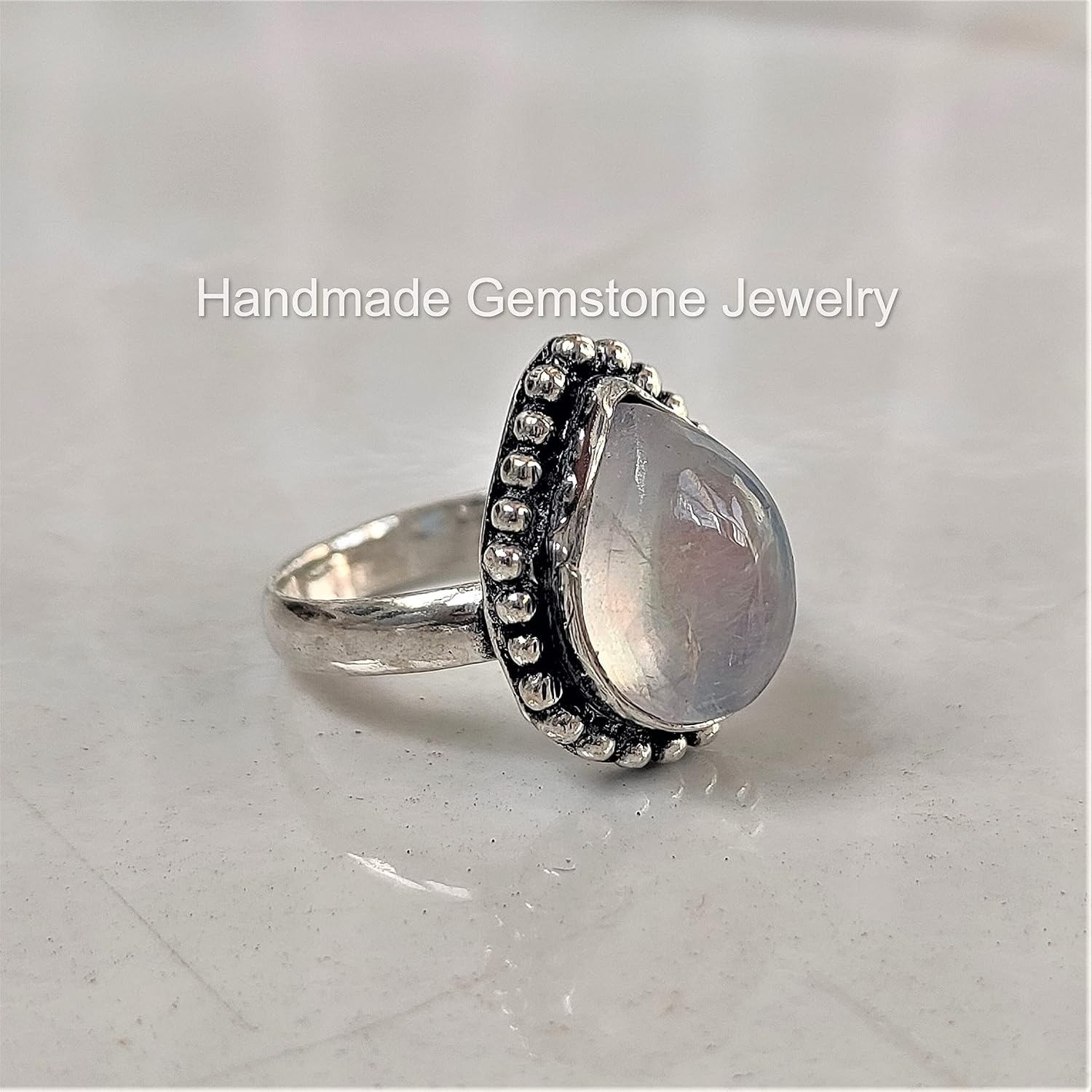 Handcrafted Rainbow Moonstone Ring, Waterdrop Design with Blue Shimmer, June Birthstone, Simple Band, Blue Moon Jewelry, Pear Shape, Handmade, Moonstone Jewelry