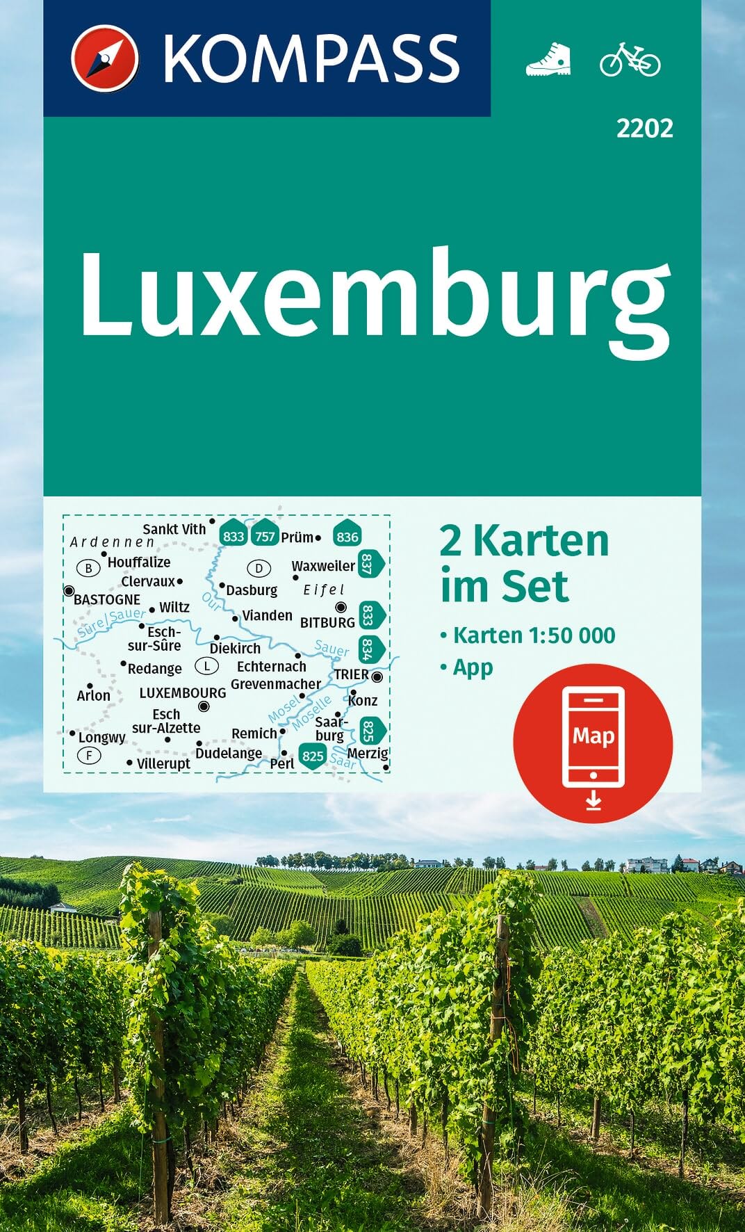KOMPASS Wanderkarten-Set 2202 Luxemburg (2 Karten) 1:50.000: inklusive Karte zur offline Verwendung in der KOMPASS-App. Fahrradfahren.