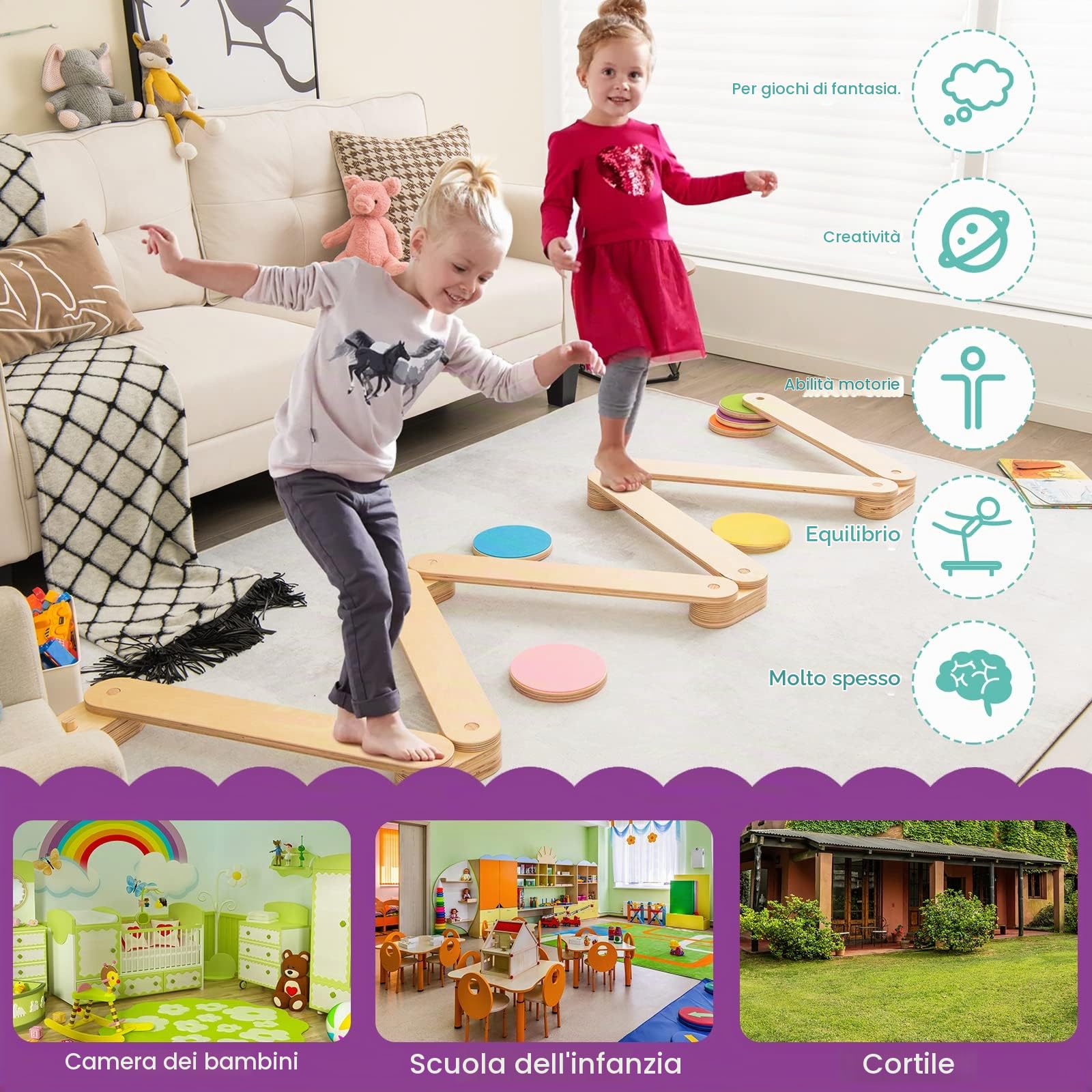 RELAX4LIFE 12 Pezzi 6 Pietre Miliari d’Equilibrio per Bambini con 6 Trave in Legno e 6 Connettori, Combinazione Libera, in Legno Naturale per Ginnastica ad Ostacoli, per Interni ed Esterni, 3-7 Anni