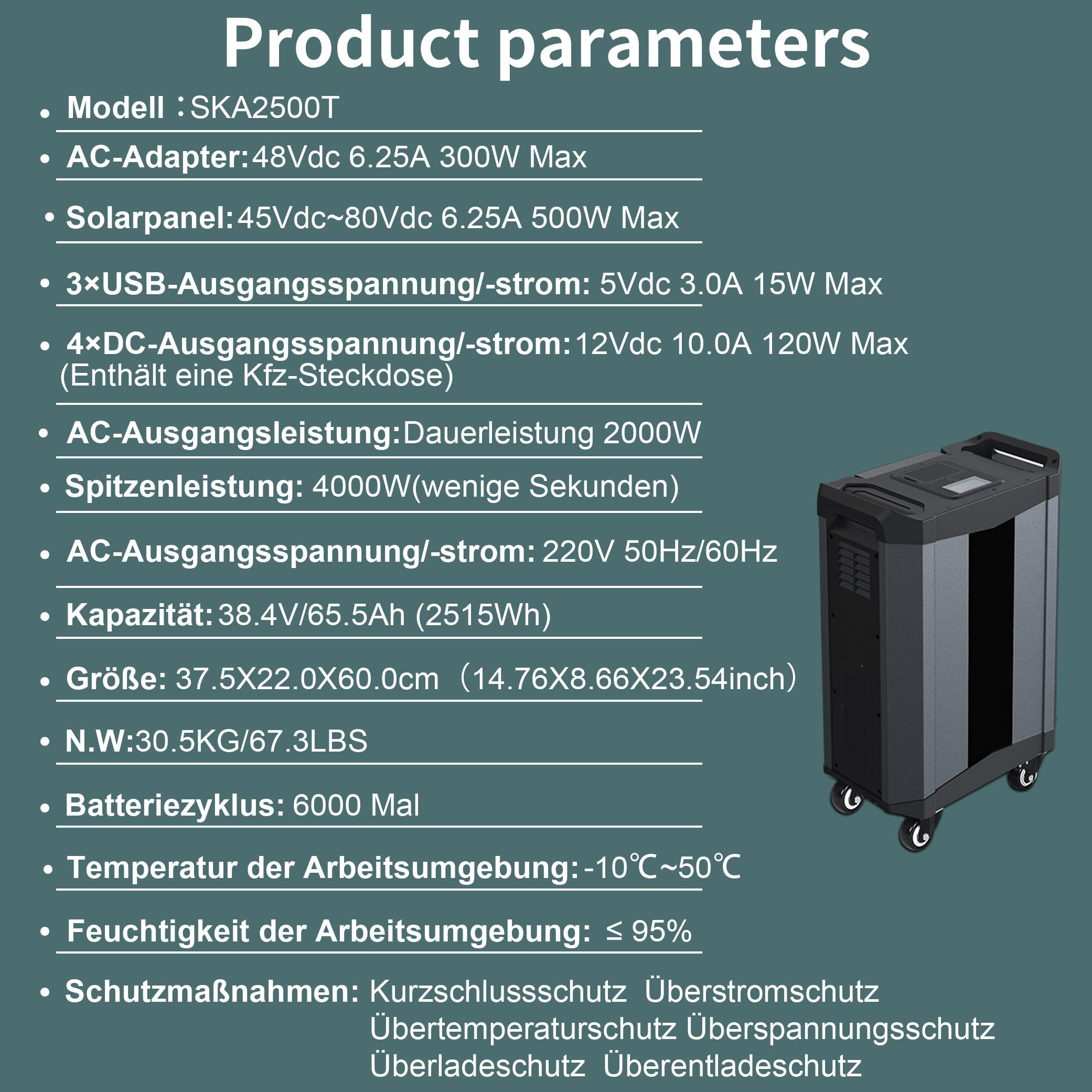 BONAD Estación de energía portátil 2515Wh,batería LiFeP04 de 2000W(4000W Pico),Salida de 3×AC220V,Estilo Maleta Trolley,generador Solar para Aire Libre/caravanas/doméstico