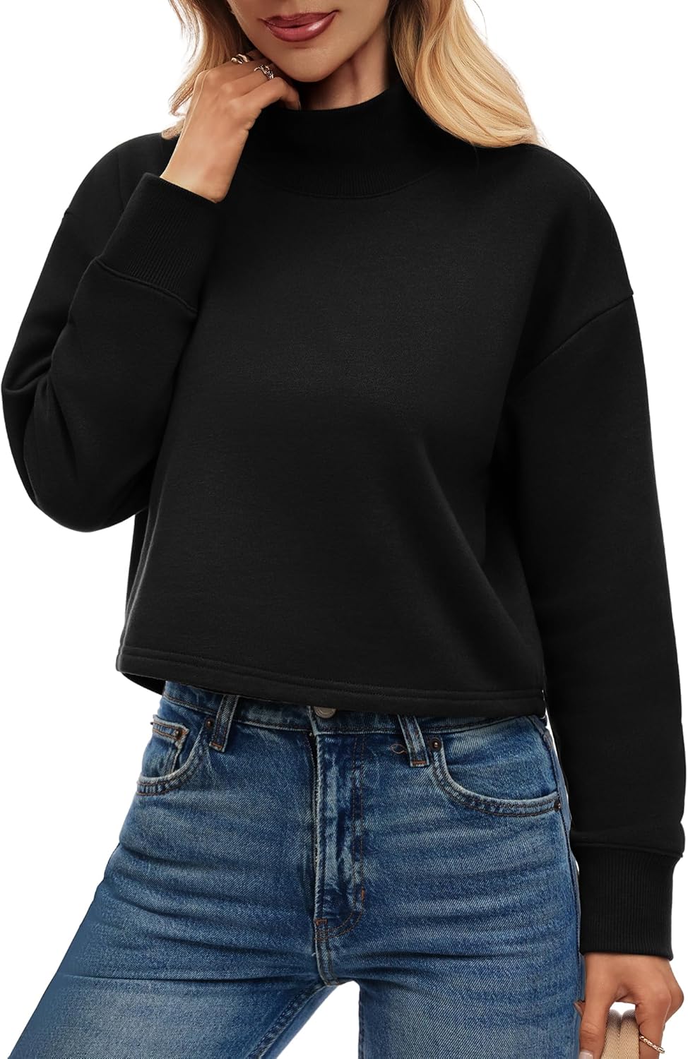 Womens Mock Neck Sweatshirts Fleece Lined Cropped Oversized Mockneck Pullover Sweatshirt Trendy Casual 2025 Fall