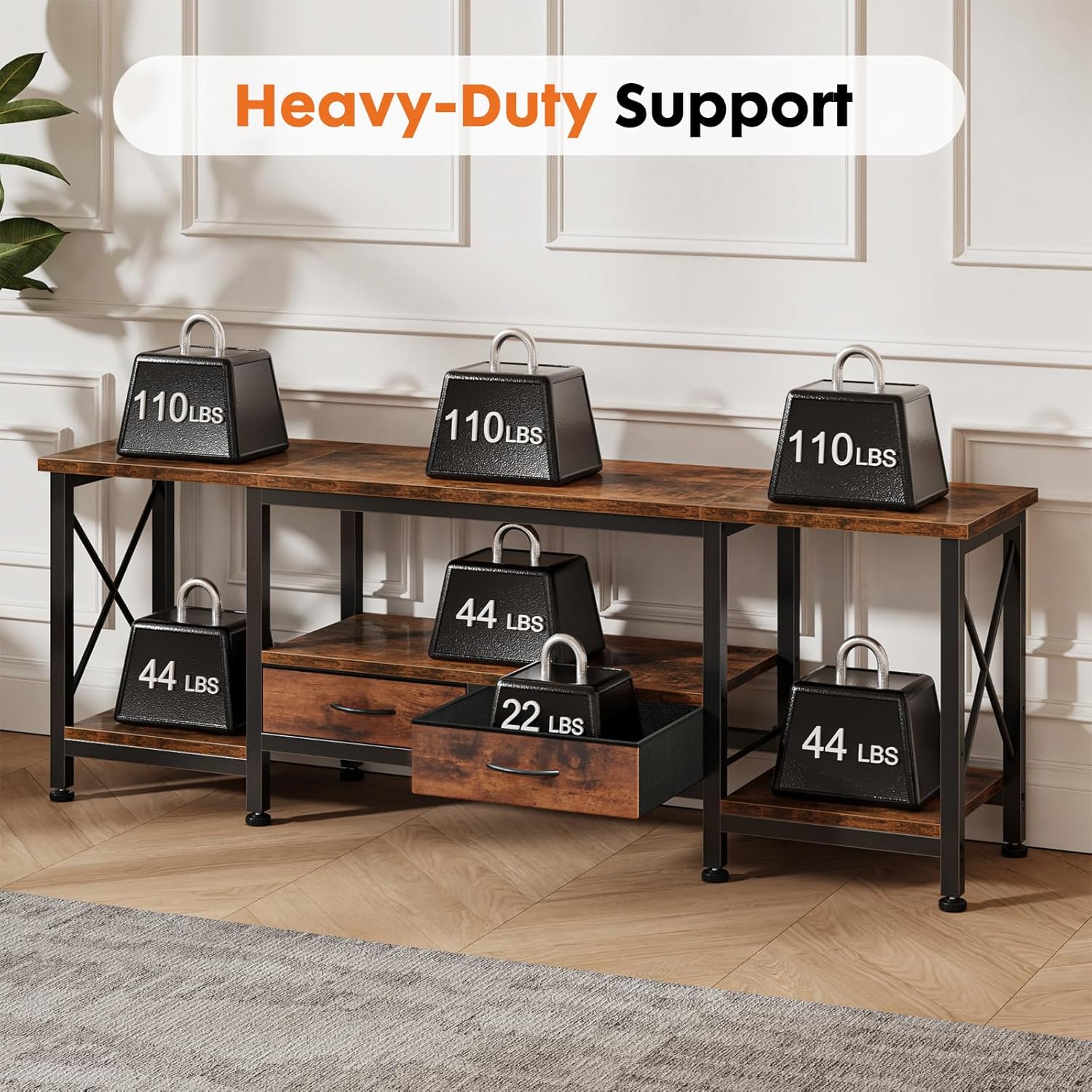 DUMOS 63” TV Stand with Power Outlets, Entertainment Center for TVs Up to 75 Inches, Industrial Media Console with Fabric Drawers and Open Shelves, Rustic Brown TV Table for Living Room, Bedroom