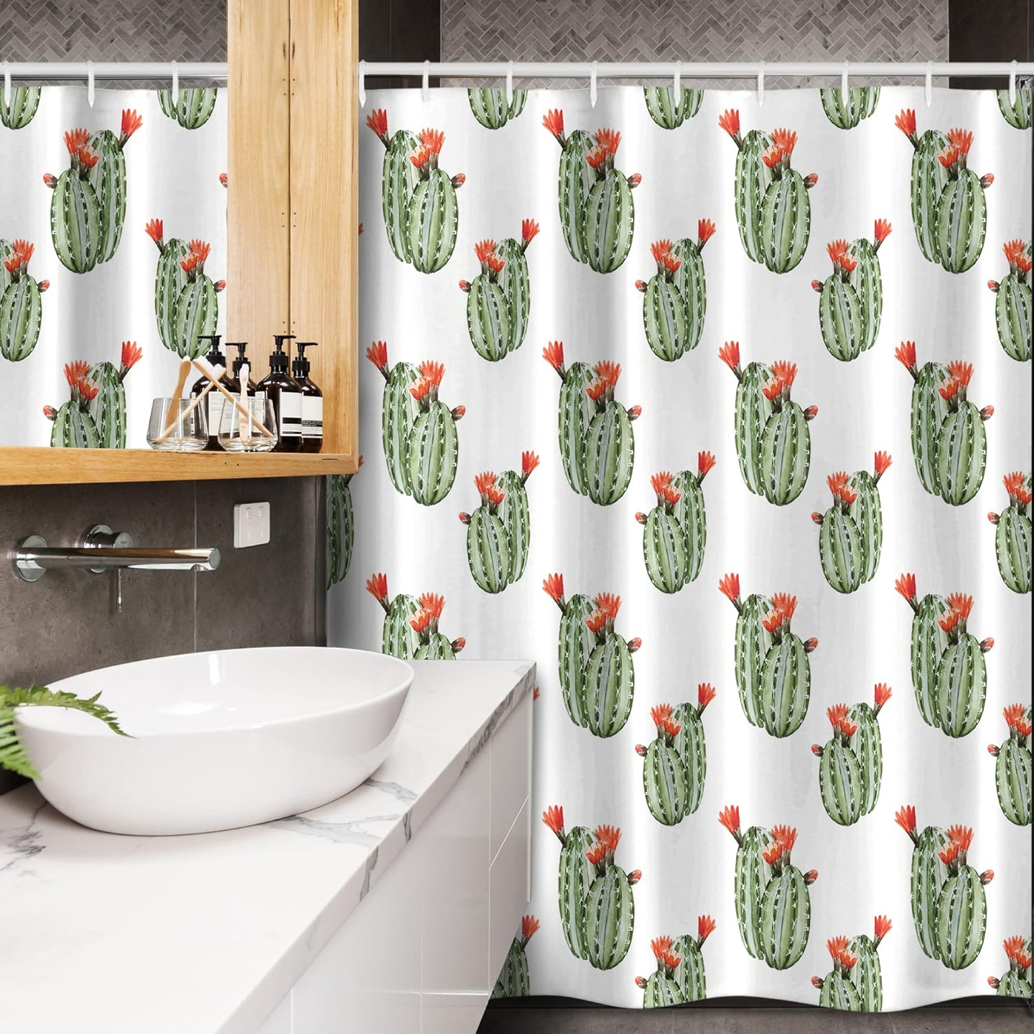 Ambesonne Cactus Stall Shower Curtain, Cacti Spikes and Red Flowers Mexican Hot Desert Vintage Image Art, Fabric Bathroom Decor Set with Hooks, 54" W x 78" L, Green and Orange
