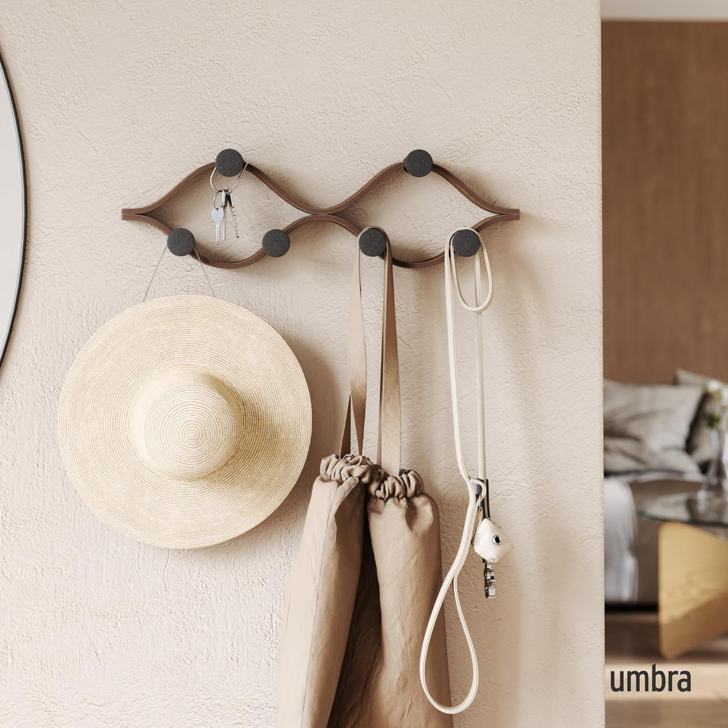 Umbra Montage Wall-Mounted Coat Rack with 6 Hooks for Jackets, Hats, Bags, and More - Modern Wood and Metal Design, Black/Walnut