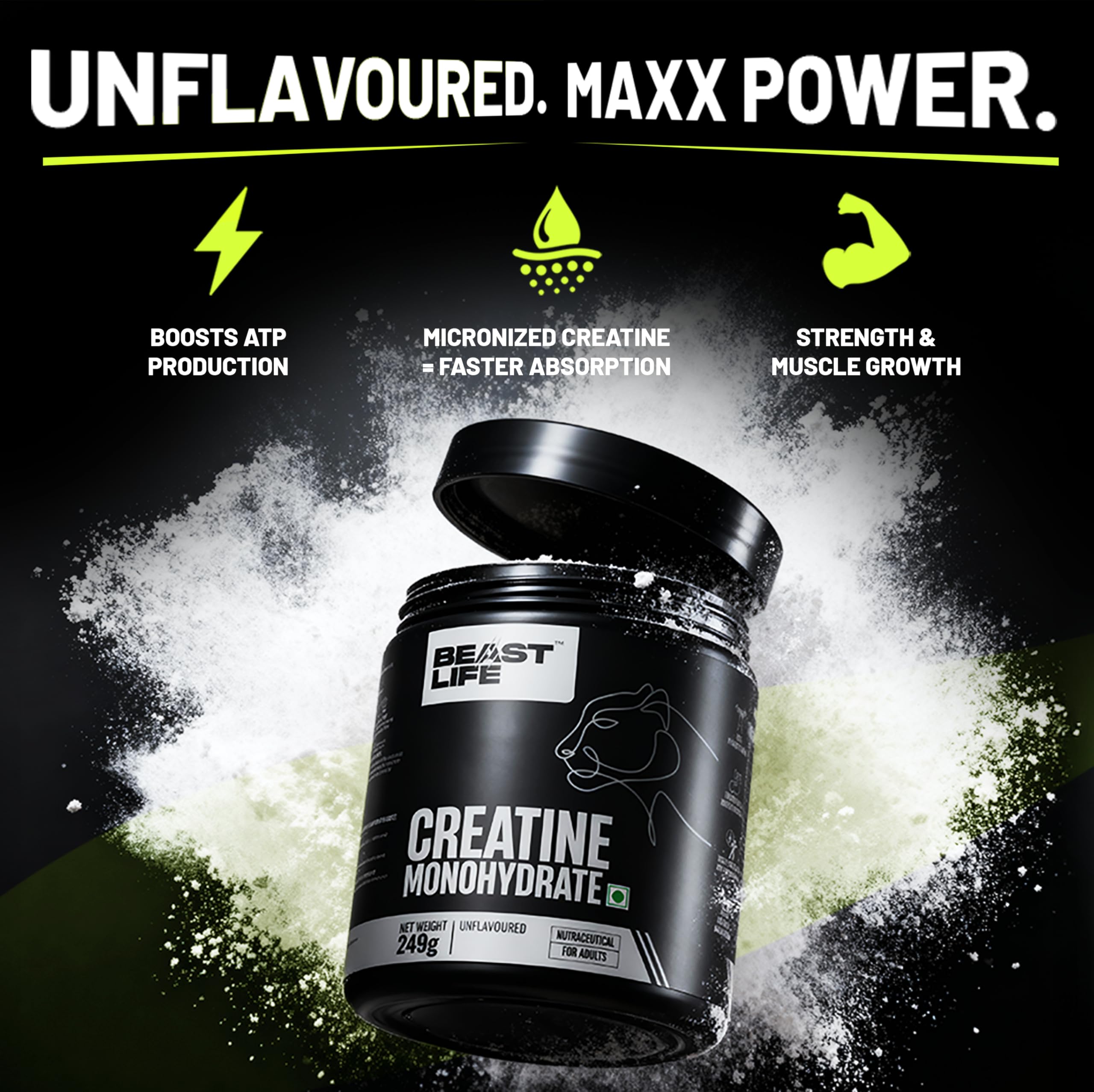 BeastLife Micronised Creatine Monohydrate with Free Shaker | 249g | 83 Servings | Unflavoured | NABL Lab Tested | Rapid Absorption for Muscle Strength & Athletic Performance | Super Micronised Creatine Powder 3