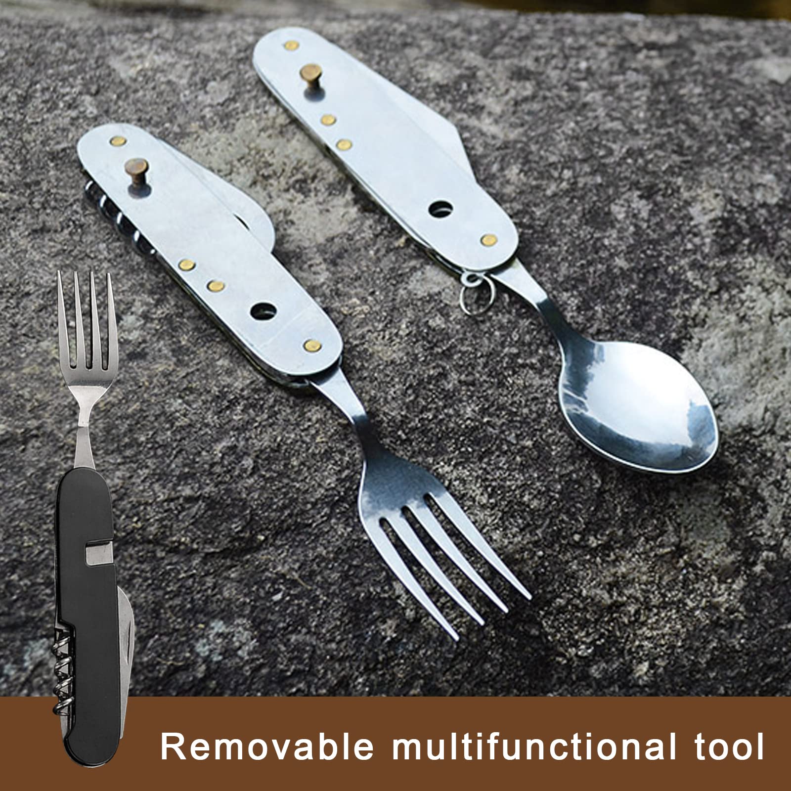 Set di 2 posate 6 in 1 per campeggio, posate pieghevoli in acciaio inox, stoviglie da campeggio, multifunzionali, portatili, per viaggi, esterni, pic-nic, sopravvivenza (nero)