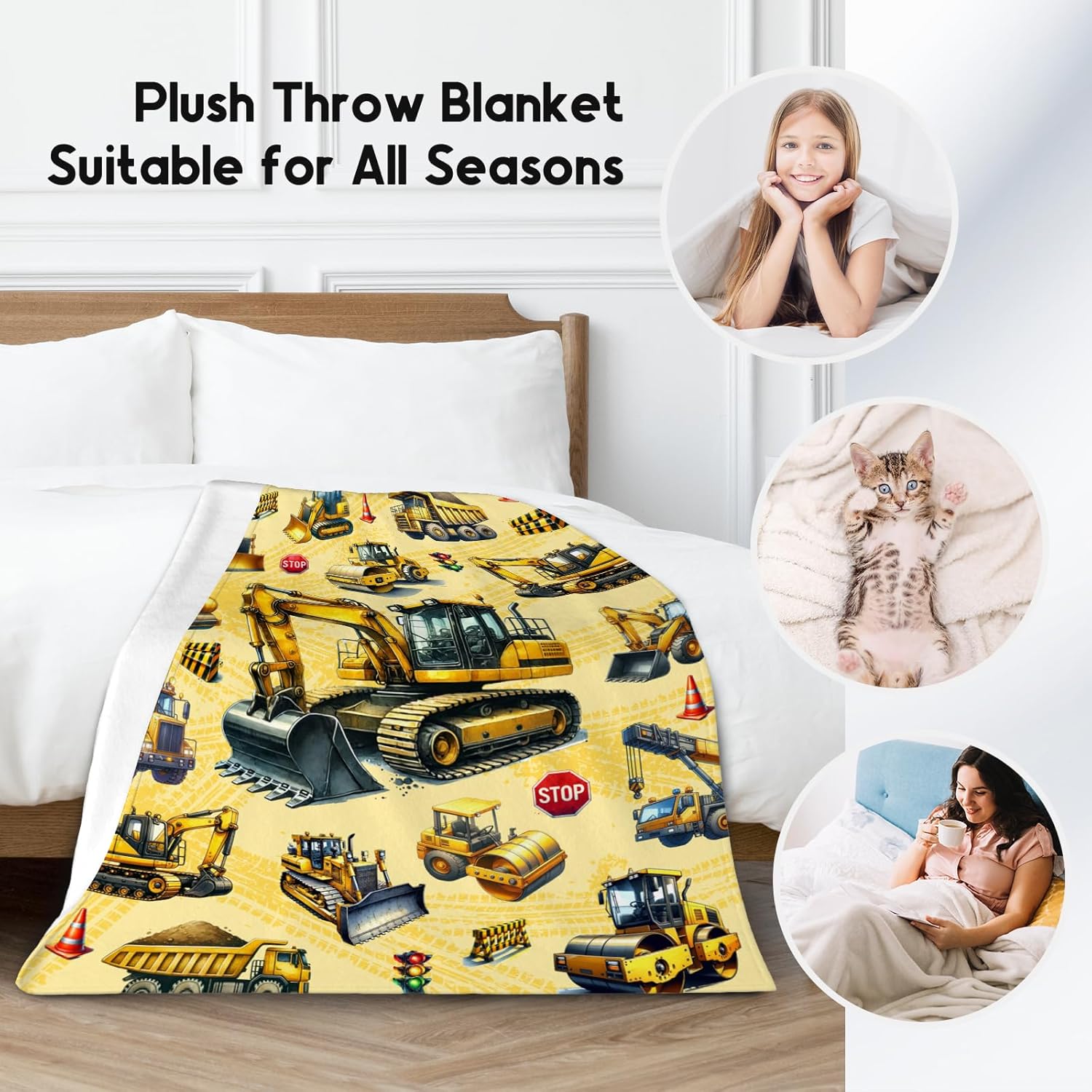 Kids Blanket, Excavator Blankets for Boys Teens Youth, Construction Truck Throw Gifts, 50"x60" Plush Warm Fuzzy Throw for Sofa Couch Bed