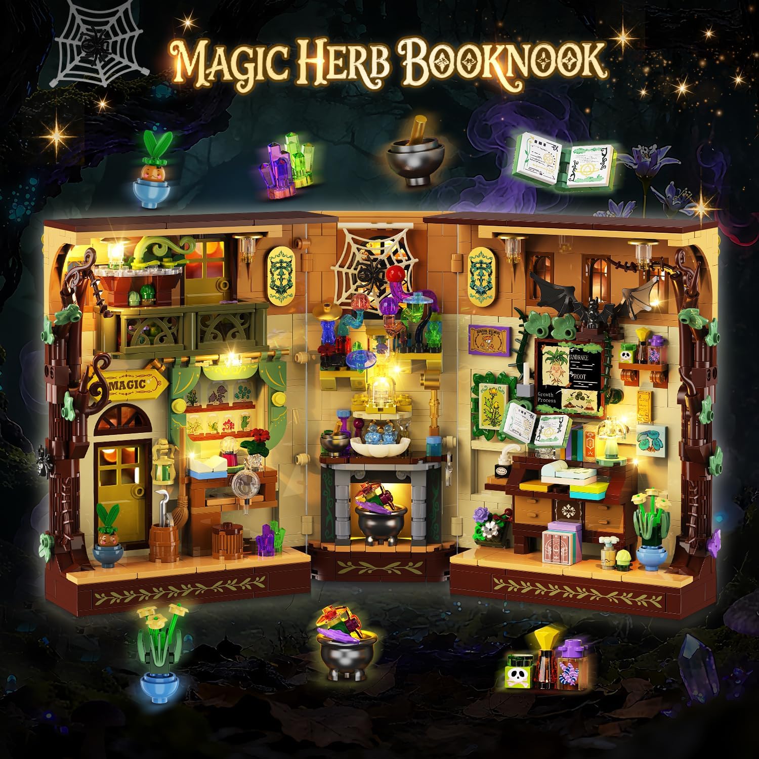Magic Herb Book Nook Building Set with Light, DIY Booknook Building Block Kit for Home Bookshelf Decor, 930 PCS Miniature House Display Model Building Brick for Adults Teens Boys Girls Ages 10+