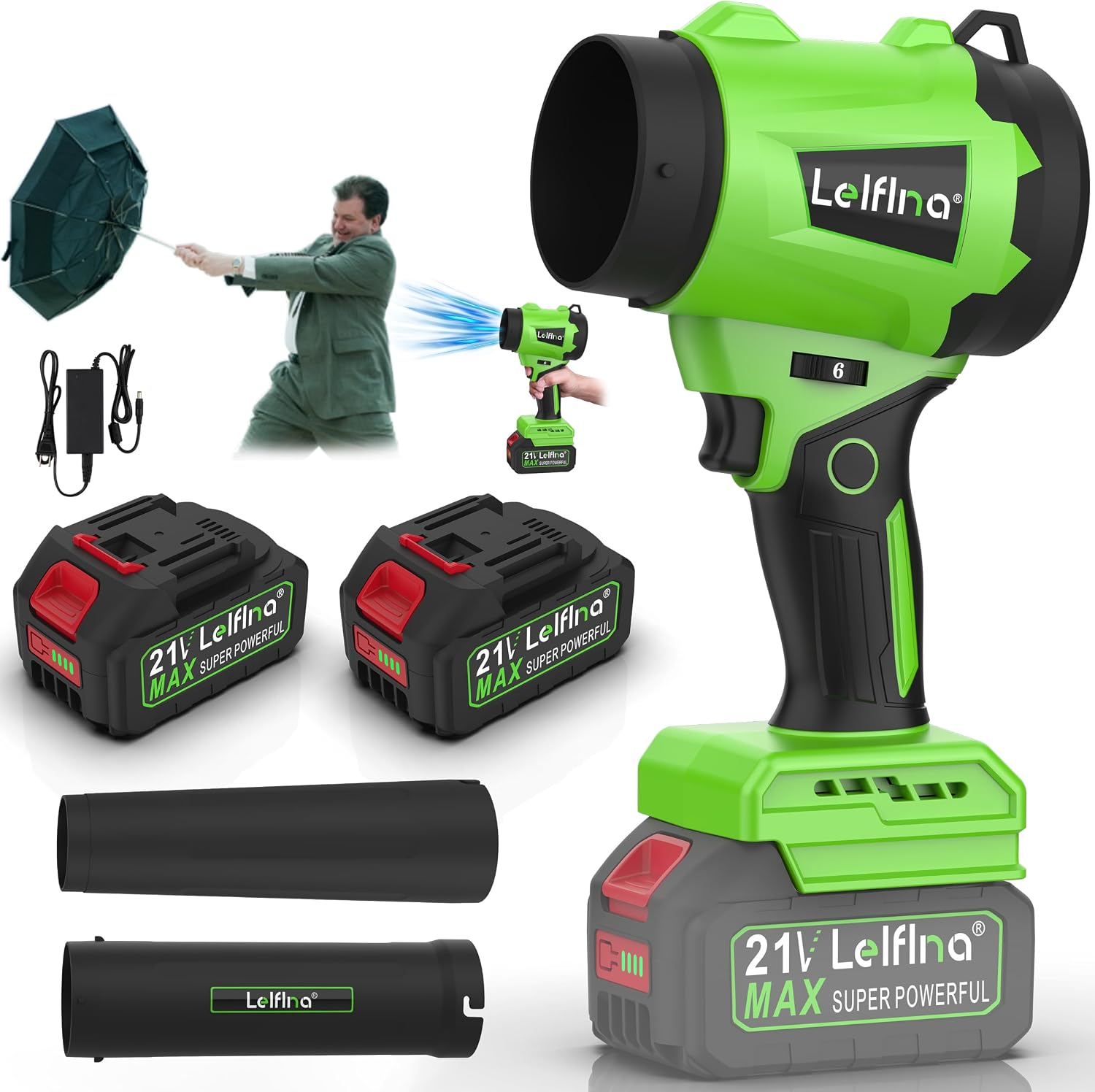 Cordless Leaf Blower, 6 Variable Speeds, 2×3.0Ah Batteries & Charger