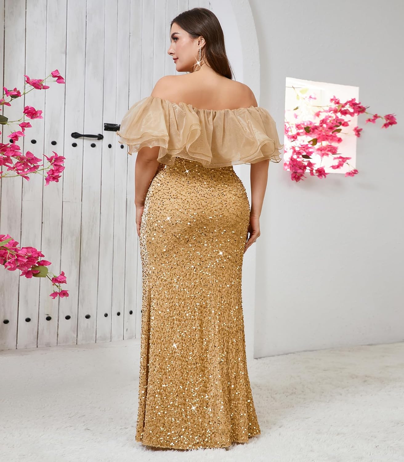 Sequin Formal Dress for Women – Sparkly Cold Shoulder Gown with Straps for Wedding Guest or Prom