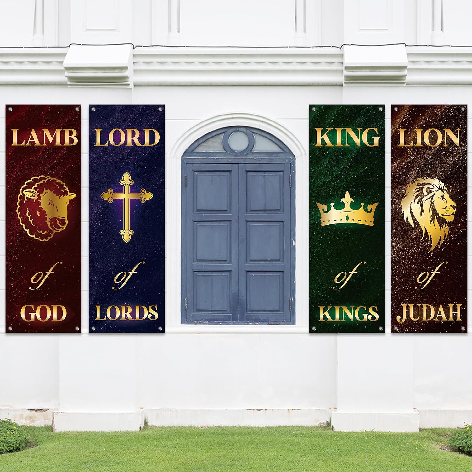 4Pcs Church Banners for Sanctuary Wall Welcome Religious Banners Hanging Backdrop Classic Lion King Lord Lamb Church Banner Scripture Bible Verses Exquisite Banner for Holiday Sunday School Decor