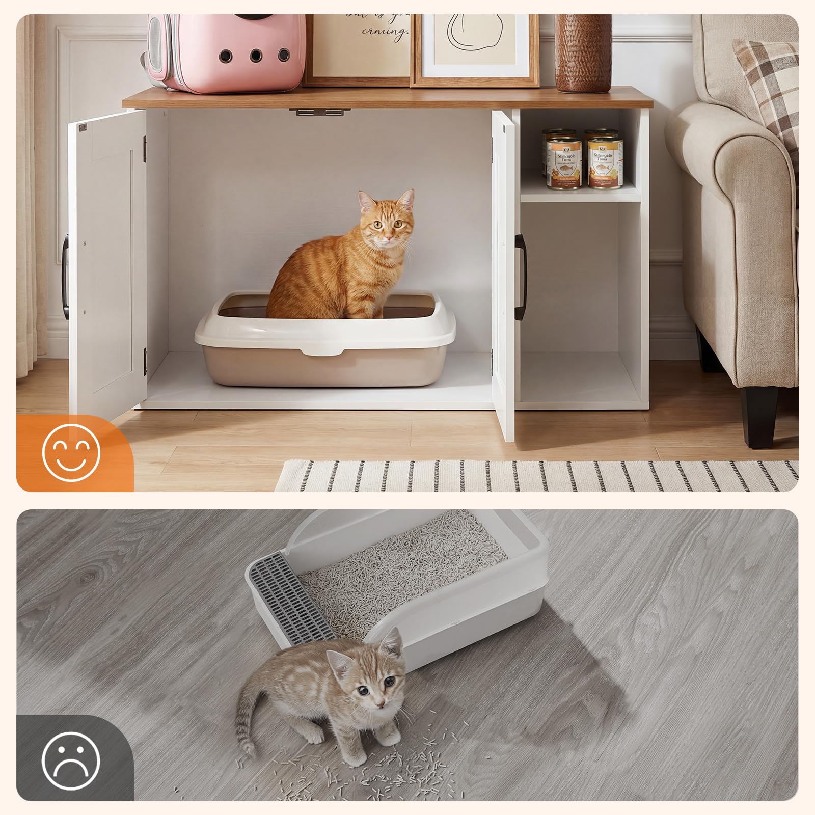 HOOBRO Mueble Arenero para Gatos Estilo Vintage, Caseta para Gatos Oculta, Caja para Mascotas, Mesa Auxiliar Multifuncional, Caja de Arena para Gatos Fácil de Montar, Blanco y Nogal EWH41MW01