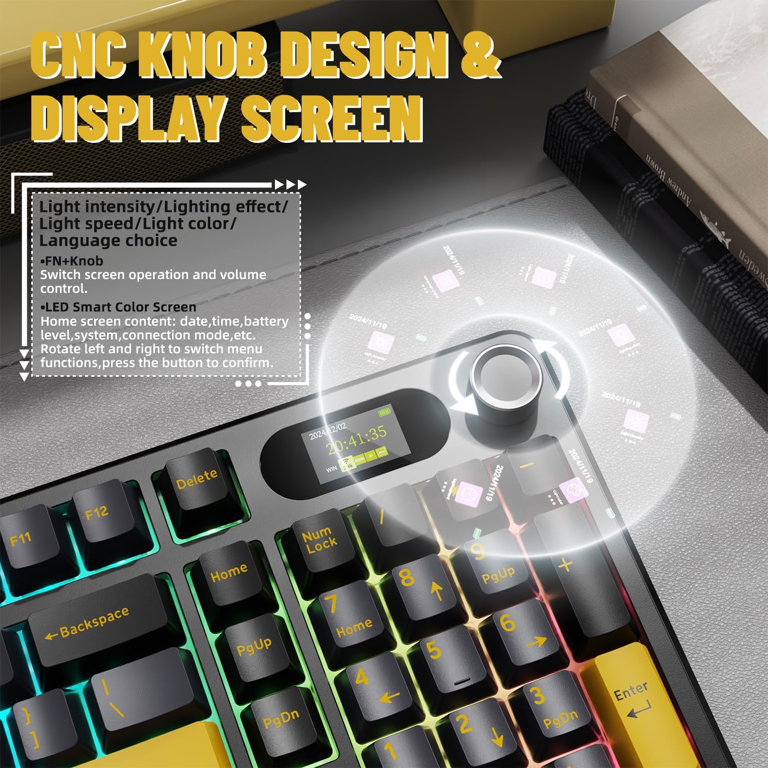 Close-up of the ATTACK SHARK X98PRO's CNC knob and TFT display screen, showing options for light intensity, lighting effects, and language choice. It also details how to use the knob for navigation and volume control.