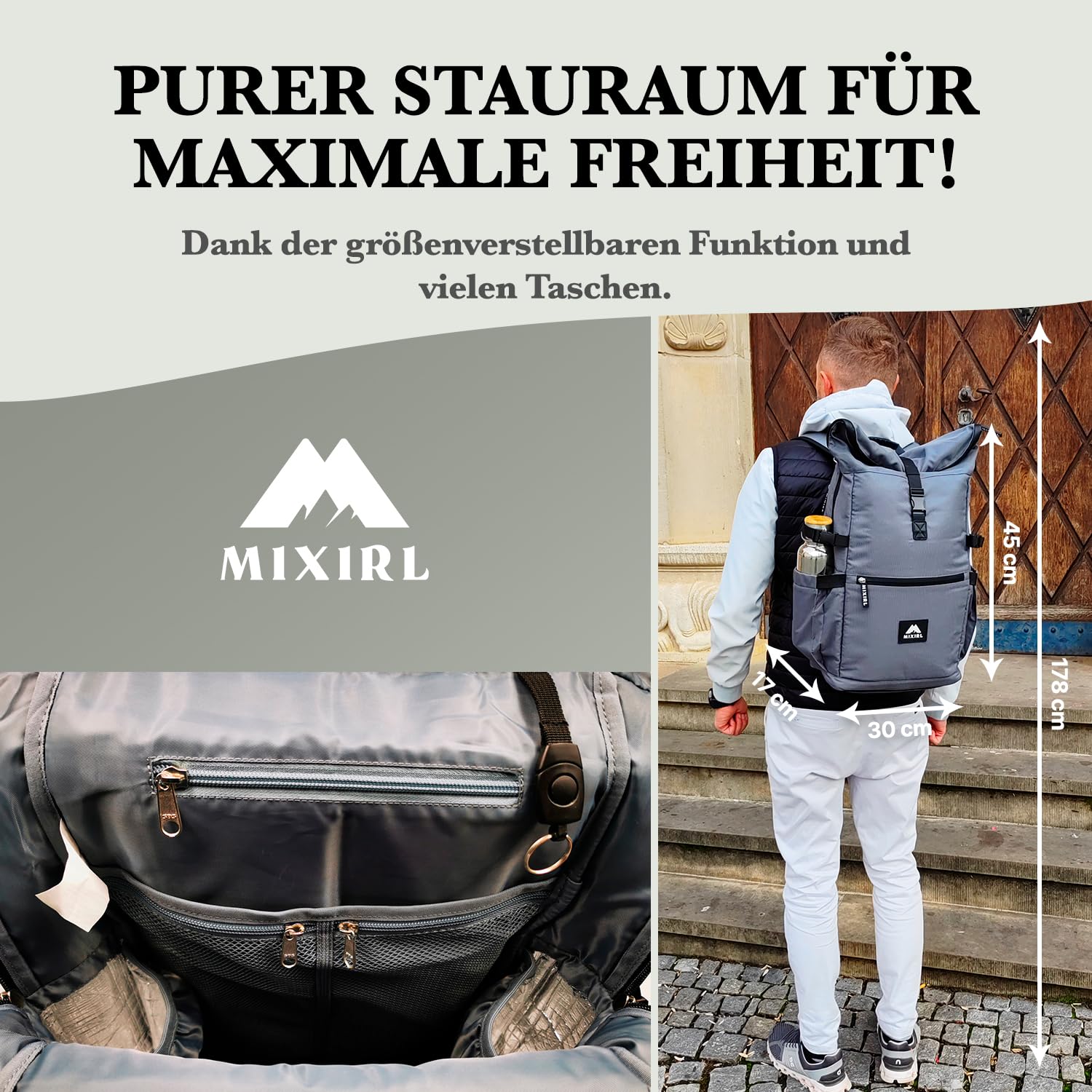 Baby Wickelrucksack stylische Wickeltasche mit Wickelunterlage | Rolltop Rucksack Groß & Kinderwagenbefestigung für unterwegs - ideal für jede Mama
