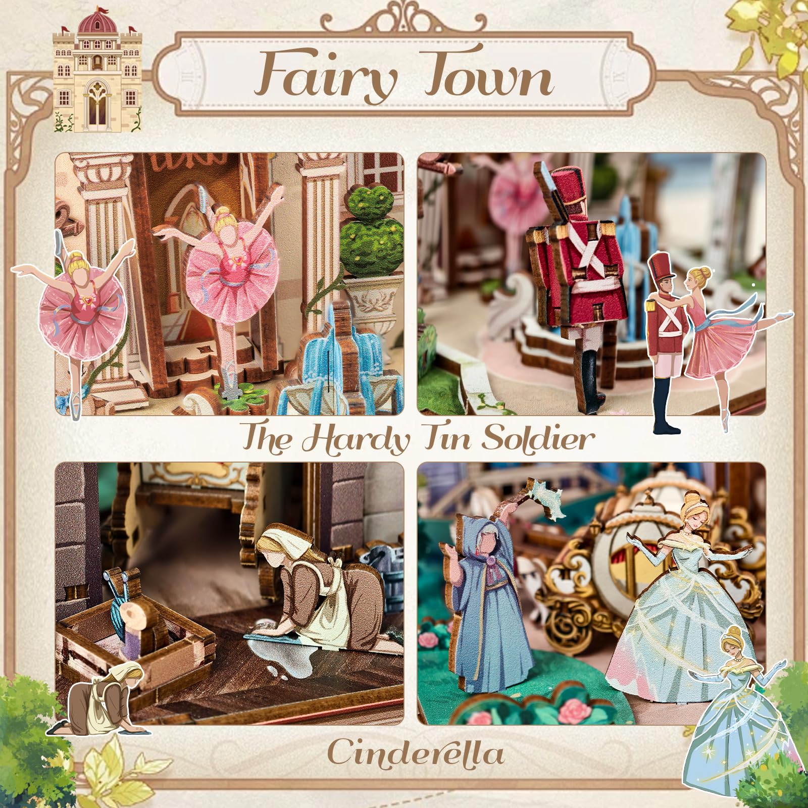 CUTEBEE Book Nook - Fermalibri in legno, fai da te, in miniatura, decorativo, per scrivania, 2 pezzi (Fairy Town)