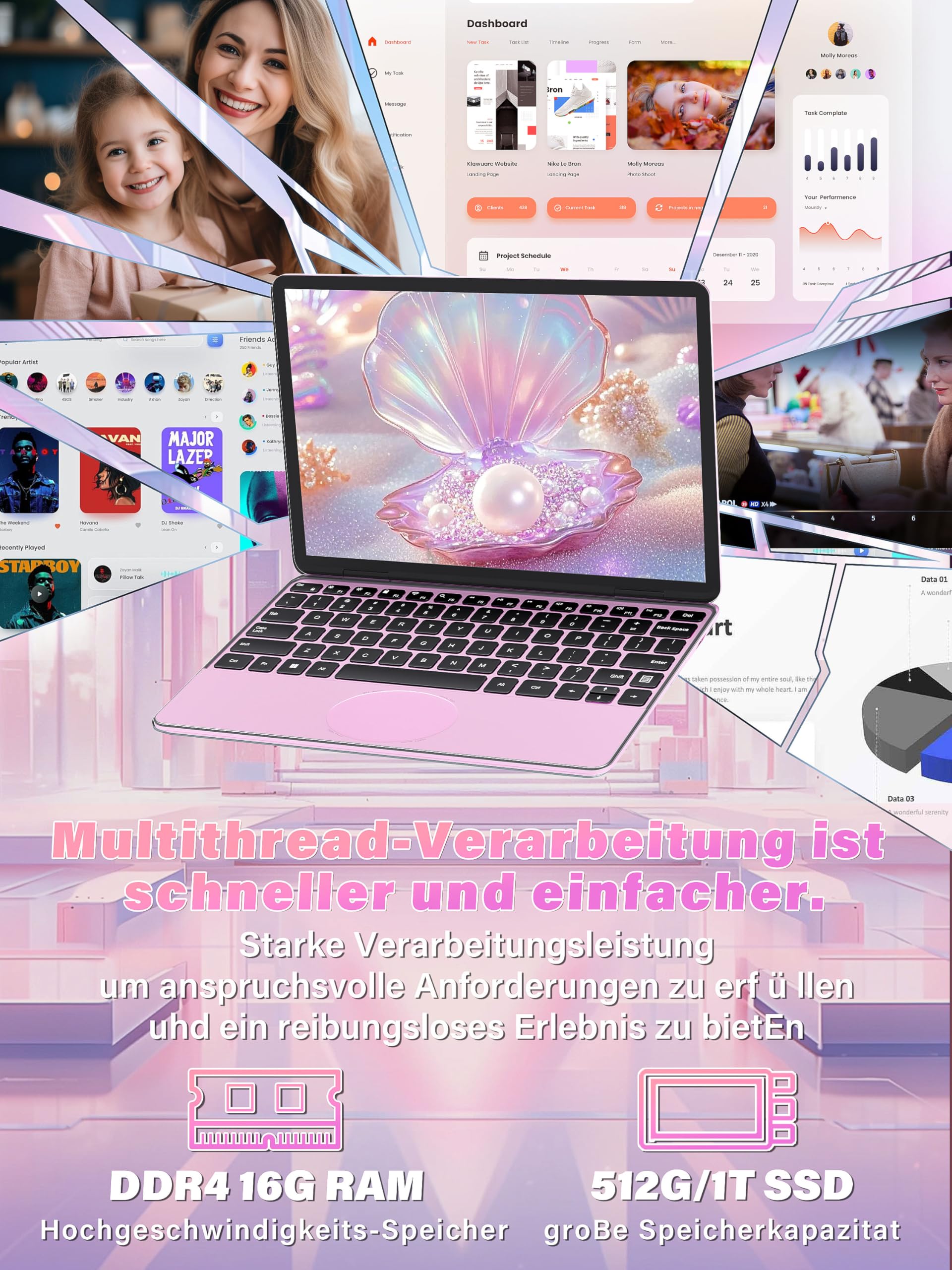 2026 11 Zoll 2in1 Laptop mit 360° Touchscreen, N100 Quad-Core CPU [beat N95 / N5095], 16GB DDR4 RAM, 1TB SSD, FHD IPS Display, Backlit Tastatur, leicht & mobil Notebook PC, Roségold