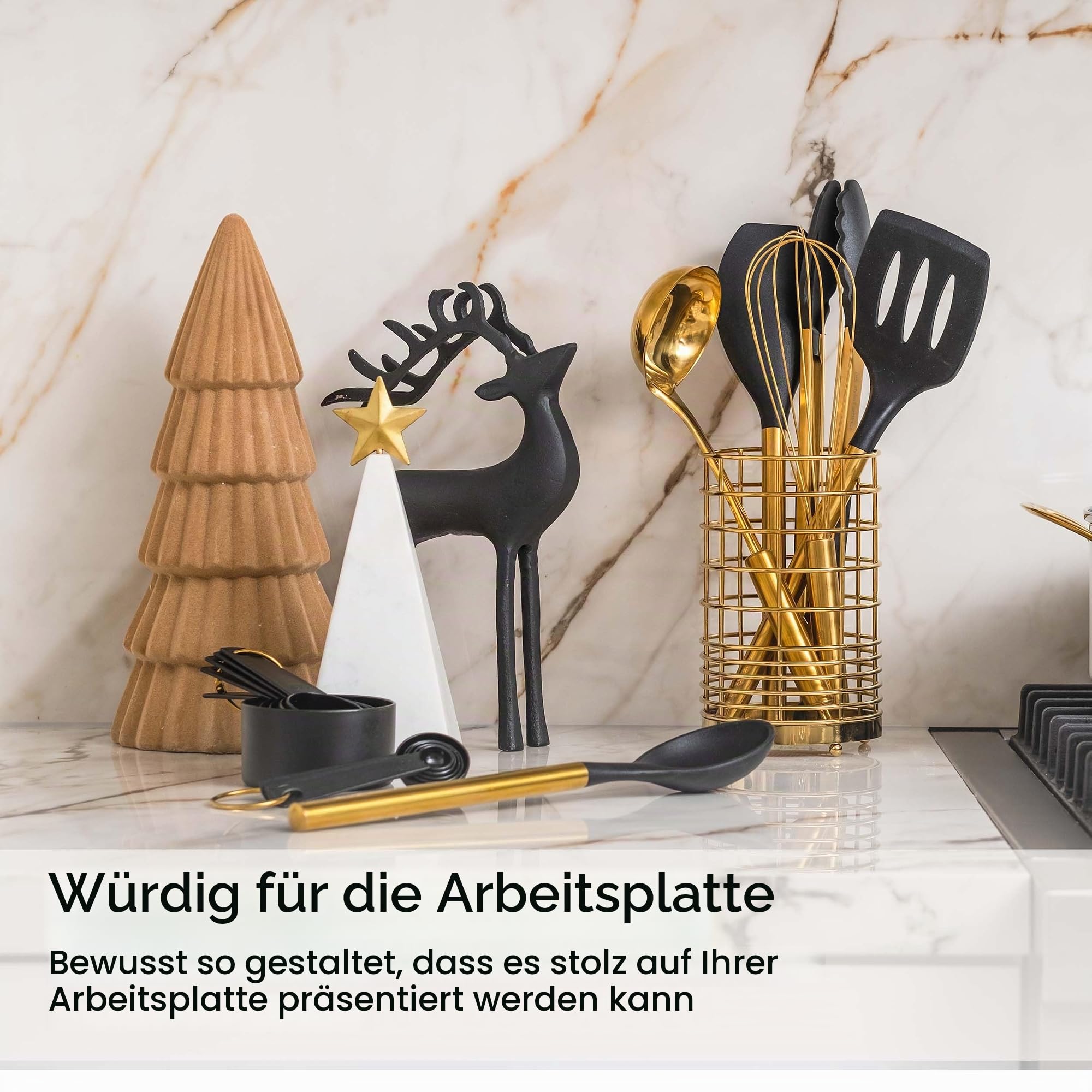 Schwarz-Goldenes Küchenutensilien-Set – 7-teiliges Silikon-Kochset mit goldenem Utensilienhalter – Für Antihaft-Kochgeschirr & moderne Küchen